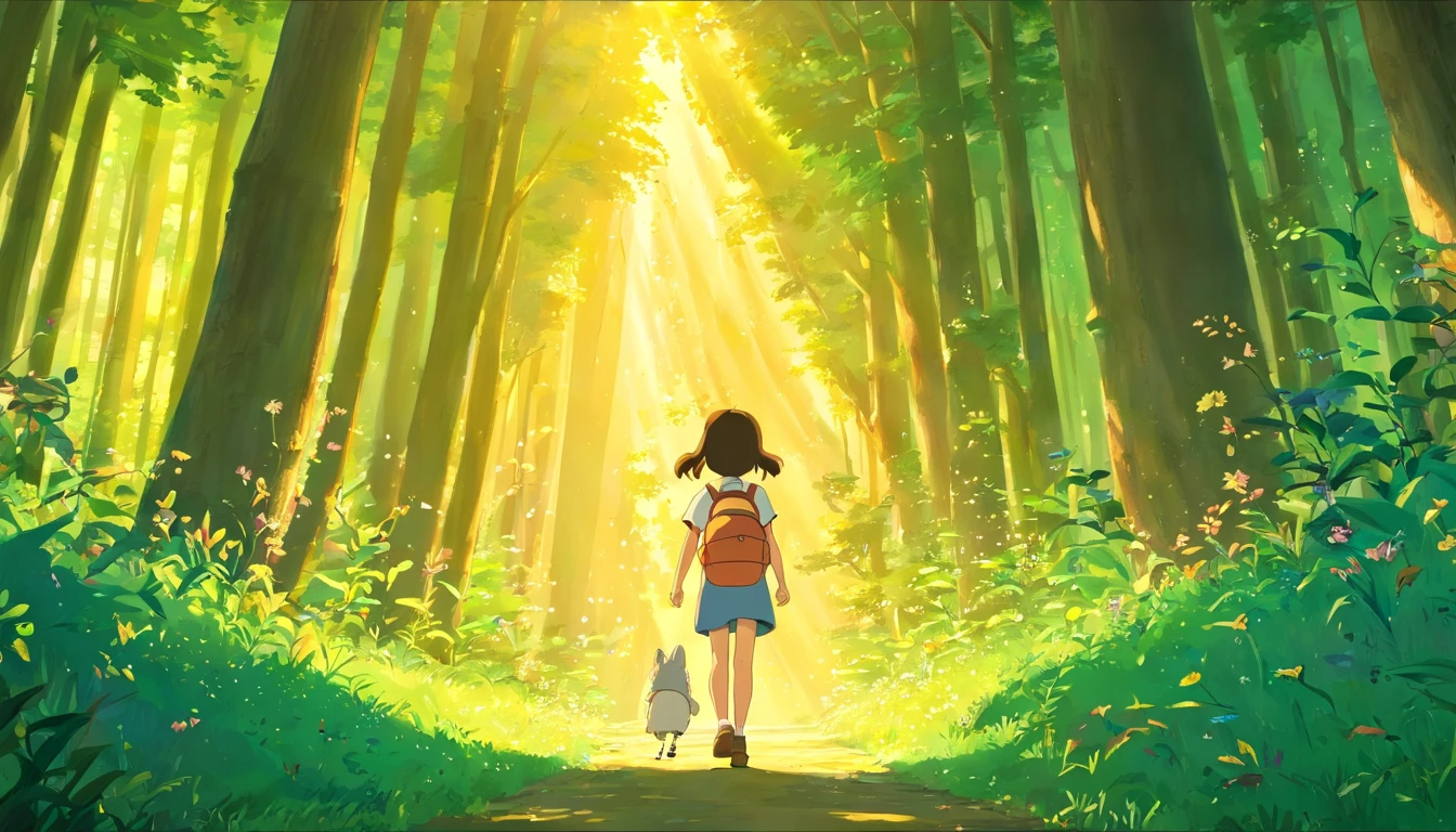 (((studio ghibli))) A lush, colorful forest bathed in the golden light of the setting sun. Birds are singing, and fireflies dance in the air. The camera pans down to reveal a , curious childd Lily, with a backpack and a wide-eyed expression.