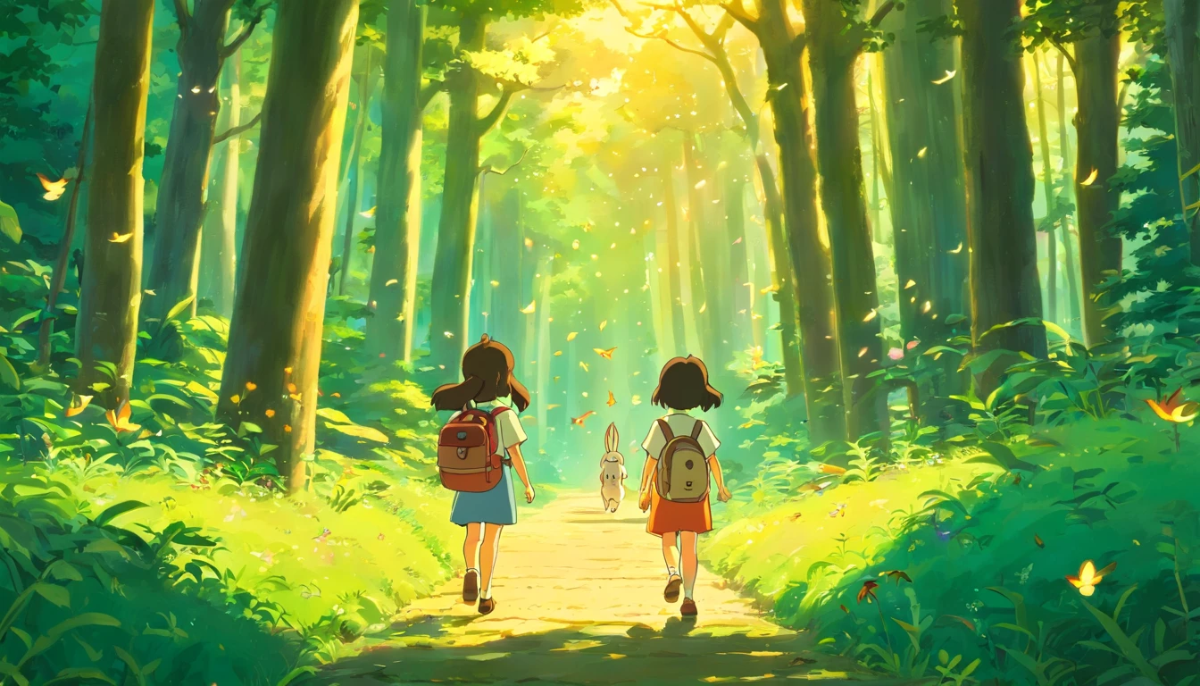 (((studio ghibli))) A lush, colorful forest bathed in the golden light of the setting sun. Birds are singing, and fireflies dance in the air. The camera pans down to reveal a small, curious child named Lily, with a backpack and a wide-eyed expression.