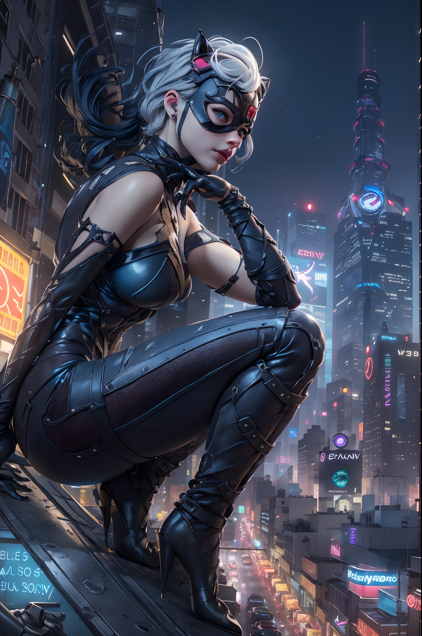 (​masterpiece、4K resolution、A hyper-realistic、ighly detailed、Turn your back), (Black Superheroes theme、Charisma、There is a girl in a Catwoman costume above the town、with his back turned。She's a superhero)、 [((25-years old)、(Long grey hair:1.2)、full body Esbian、(blue eyess:1.2))、((Sandy urban environment):0.8)|(A city scape、natta、Dinamic Light)]#illustrate:Prompts are mainly ultra high definition、very real、Describes highly detailed 4K paintings。A superheroine in a Catwoman costume is depicted at the top of the city。((Ultra-wide-angle lens shooting)), ((Shot looking up from below:1.3)), (((Neon light))),