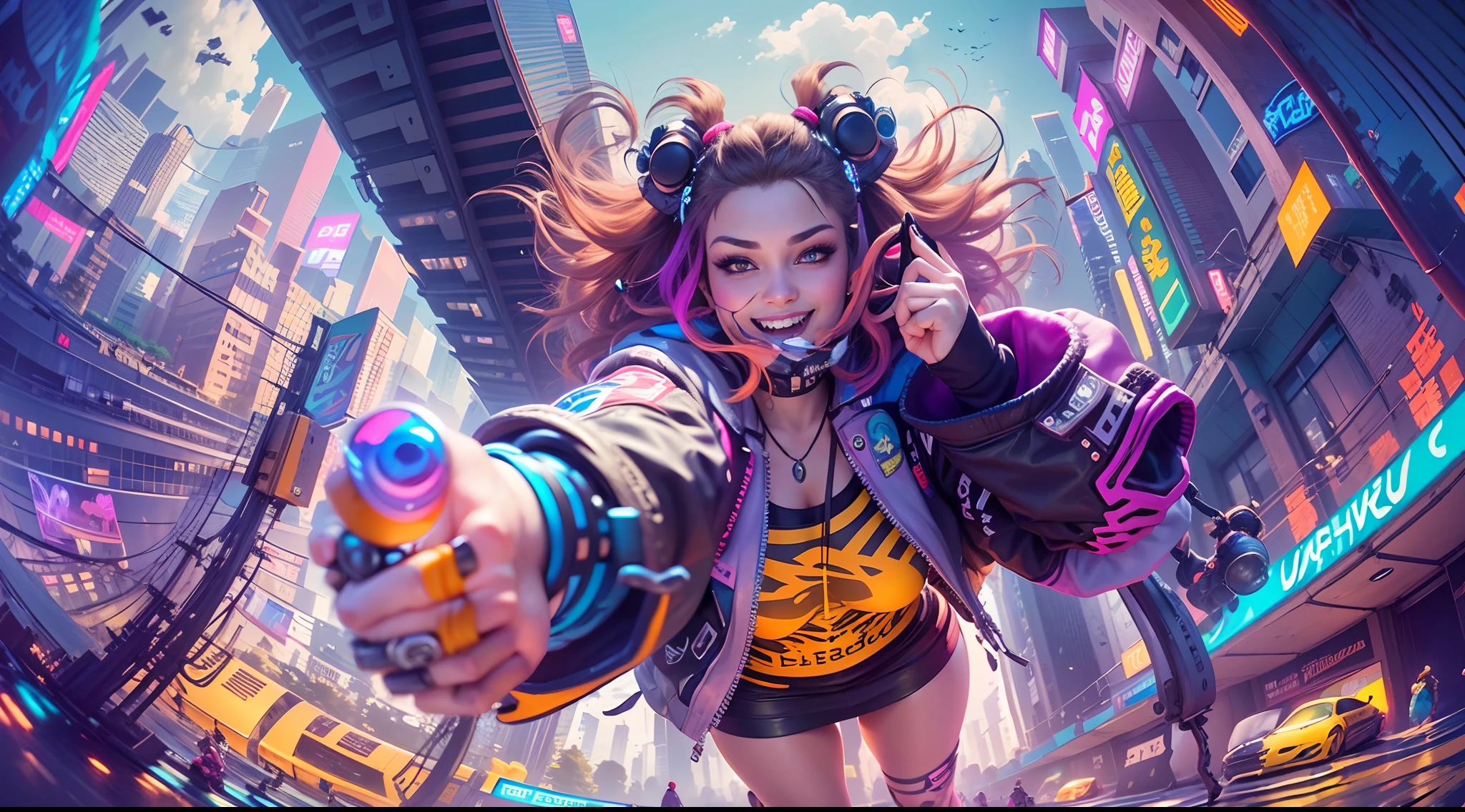 (2 cyberpunk girls wearing colorful Harajuku style pop outfit)), ((((fisheye lens)))), cowboy shot, wind, messy hair, ((cyberpunk 2077 cityscape)), (cyberpunk aesthetics and atmosphere:1.3), bright colors, smiling, ((cinematic lighting))