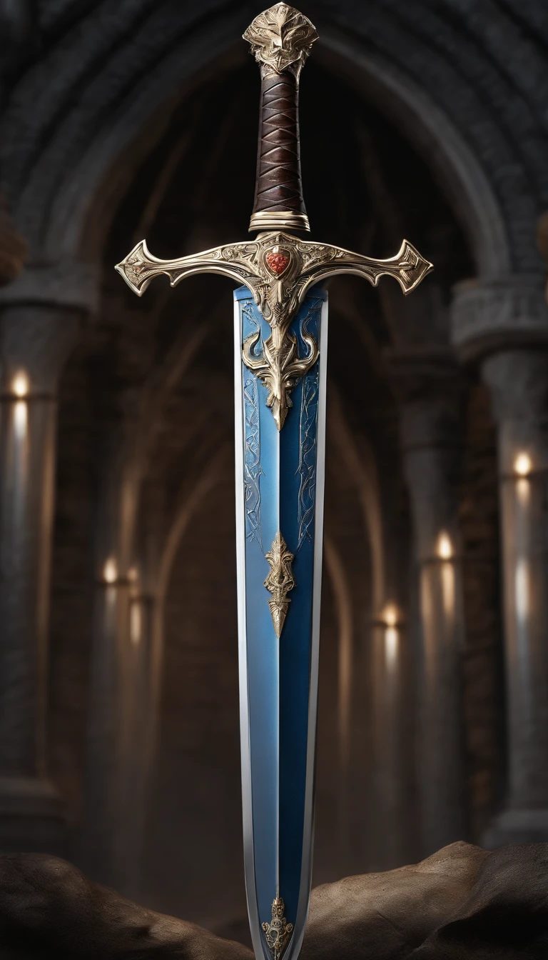 (Outstanding、Professional、Surreal)、Detailed sword, Metallic texture, Lying on the ground, The sword glows blue, there is a shield behind the sword, engraved with 2 eagles and lions on the shield, long sword, metal sword handle, luxurious