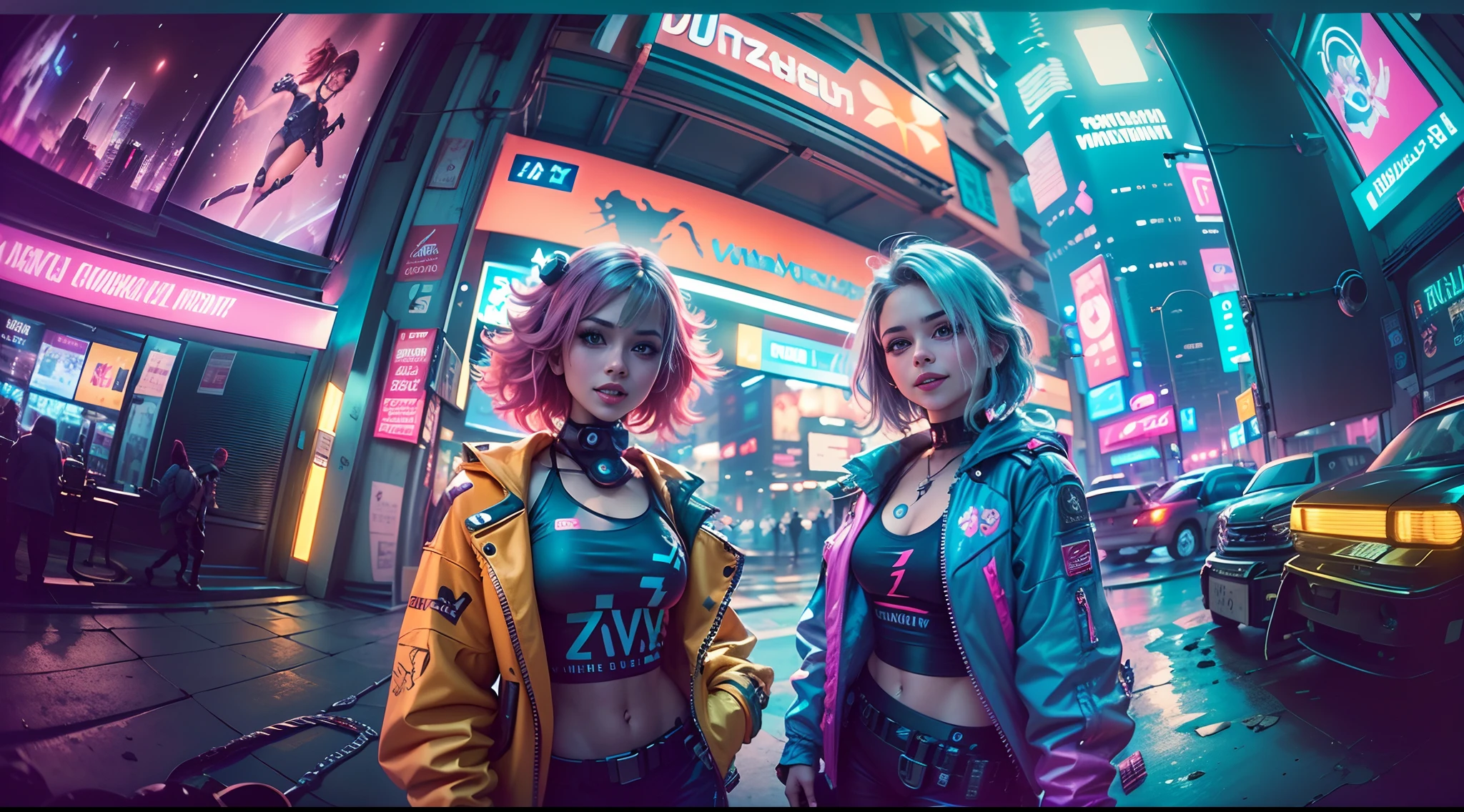 (2 cyberpunk girls wearing colorful Harajuku style pop outfit)), ((((fisheye lens)))), cowboy shot, wind, messy hair, ((cyberpunk 2077 cityscape)), (cyberpunk aesthetics and atmosphere:1.3), bright colors, smiling, ((cinematic lighting))