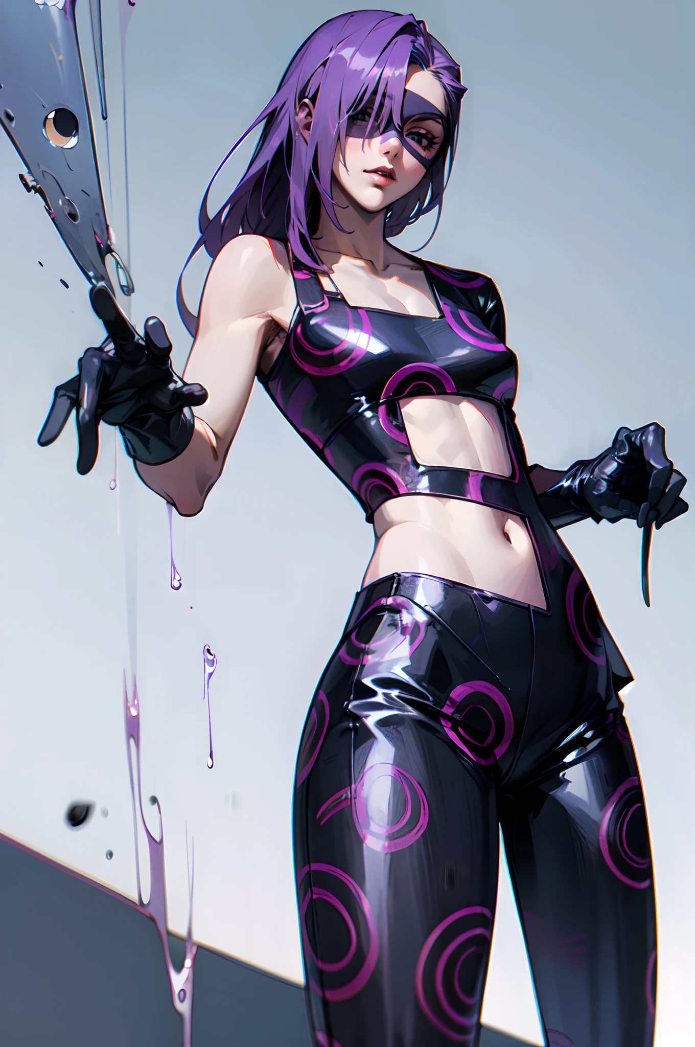 melone, solo, long hair, purple hair, gloves, 1girl, female focus, clothing cutout, mask, single bare shoulder, domino mask, cowboy shot, medium breasts