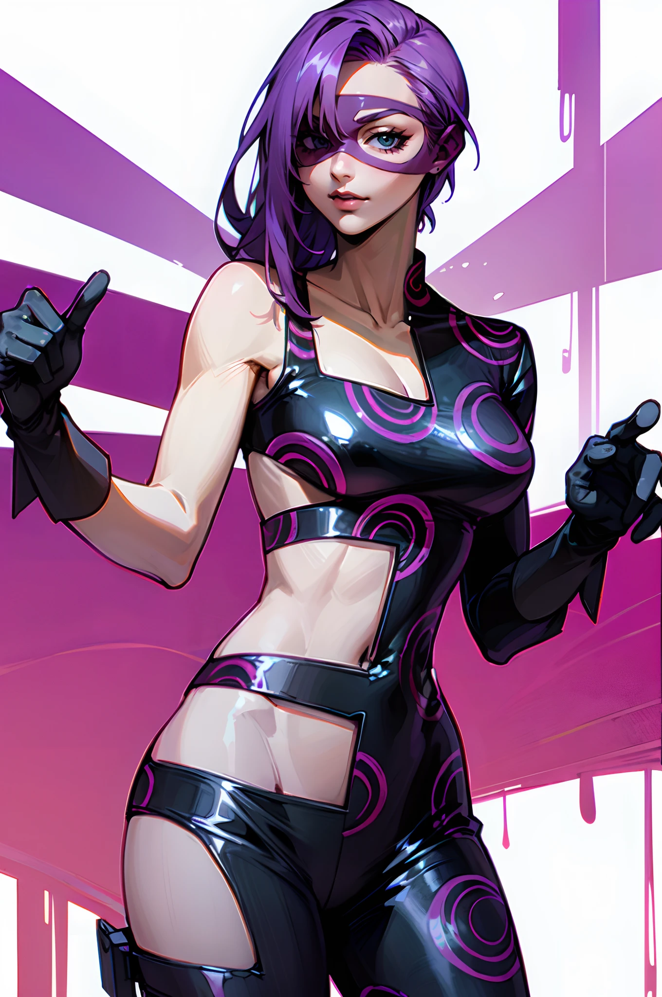 melone, solo, long hair, purple hair, gloves, 1girl, female focus, clothing cutout, mask, single bare shoulder, domino mask, cowboy shot, medium breasts