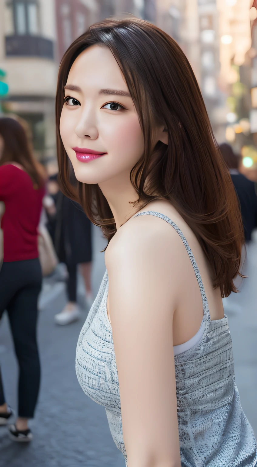Best quality, illustration, Ultra-detailed, finedetail, A high resolution, 8K wallpaper, Perfect dynamic composition, Middle-aged young woman,ssmile, long whitr hair, Plump breasts,full stature,Natural color lips, a sexy pose,In the bustling streets,Take photos from a distance