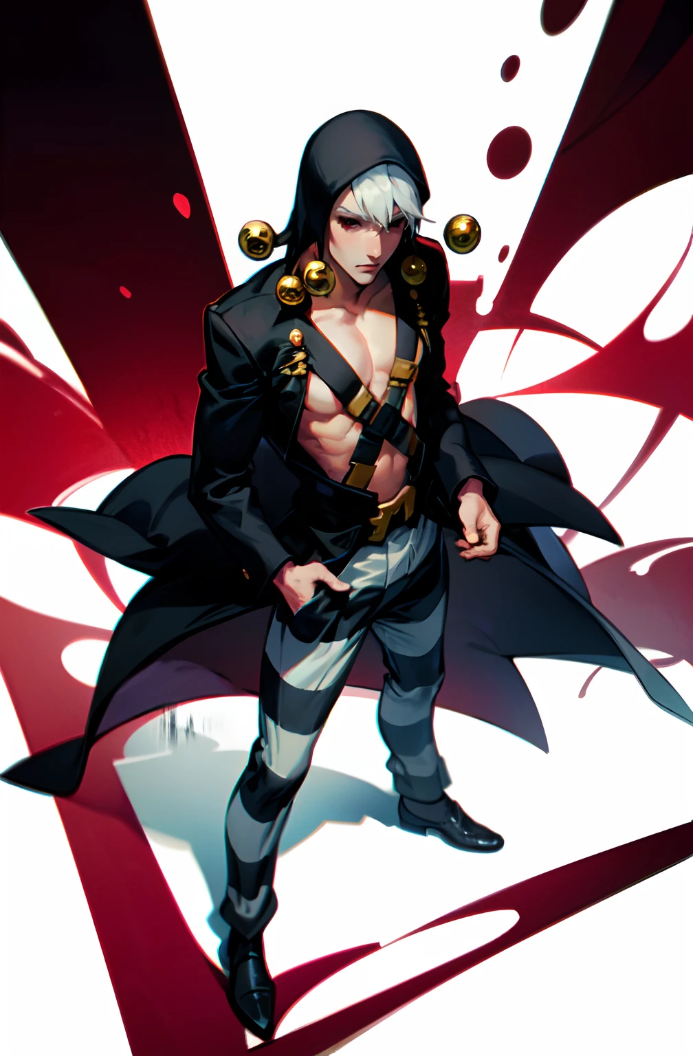 Risotto Nero, Black overcoat, striped pants, black hat, white hair, red eyes, black sclera, chest straps, 1boy, male focus, solo
