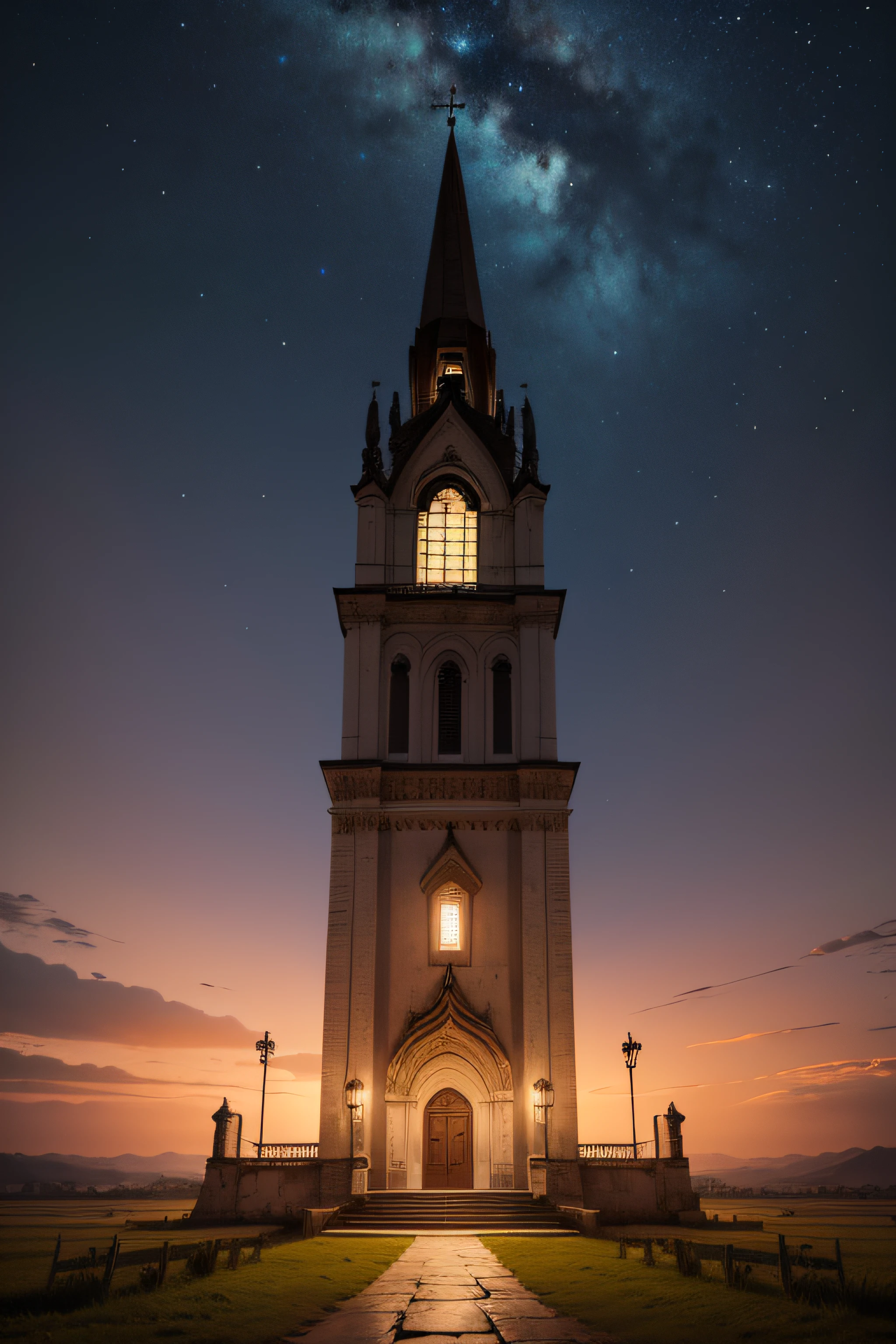 Igreja de Esmirna retratada em Apocalipse, depois de cristo, medieval, in the nighttime, vista para o exterior, fachada, starly sky, altamente detalhado, liso, foco nítido, 8k, high-definition resolution, Perfect centralization, vista frontal, portas abertas, luzes.