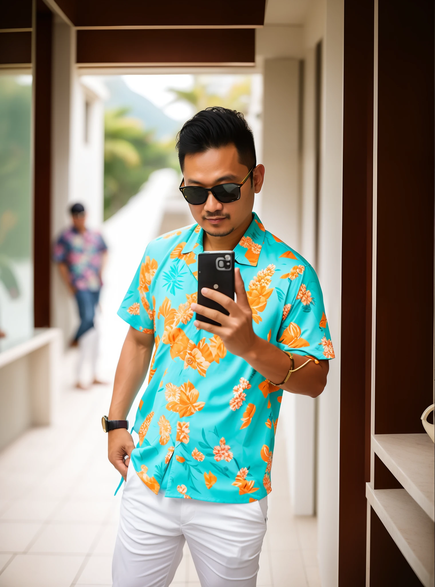 there is a man taking a selfie in a mirror, with hawaiian shirt, hawaiian shirt, summer shirt, waring a hawaiian shirt, with sunglass, wearing in shirt, outfit photo, wearing floral chiton, vacation photo, wearing a fisher 🧥, inspired by Abidin Dino, batik, full body picture, taken with sony alpha 9