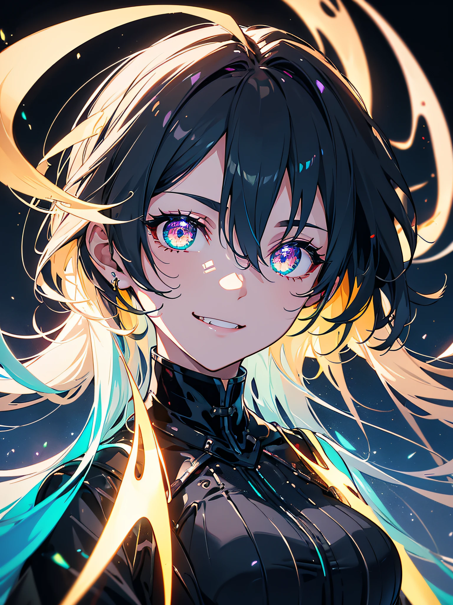 Glowing eyes in maximum darkness, devilish smile with fangs, full dark, dark, BREAK, female silhouette in the dark, barely visible, (ultra-realistic), {extremely detailed CG unit 8k wallpaper}, Expansive landscape photography, (a low and distant view that shows the character and focuses on the scene, expansive open field view), (low-angle shot), (high light: 0), (low light: 0.5)(warm light source: 0.5), details complex, (iridescent colors: 0.5), (bright lighting), (atimospheric lighting), darkest