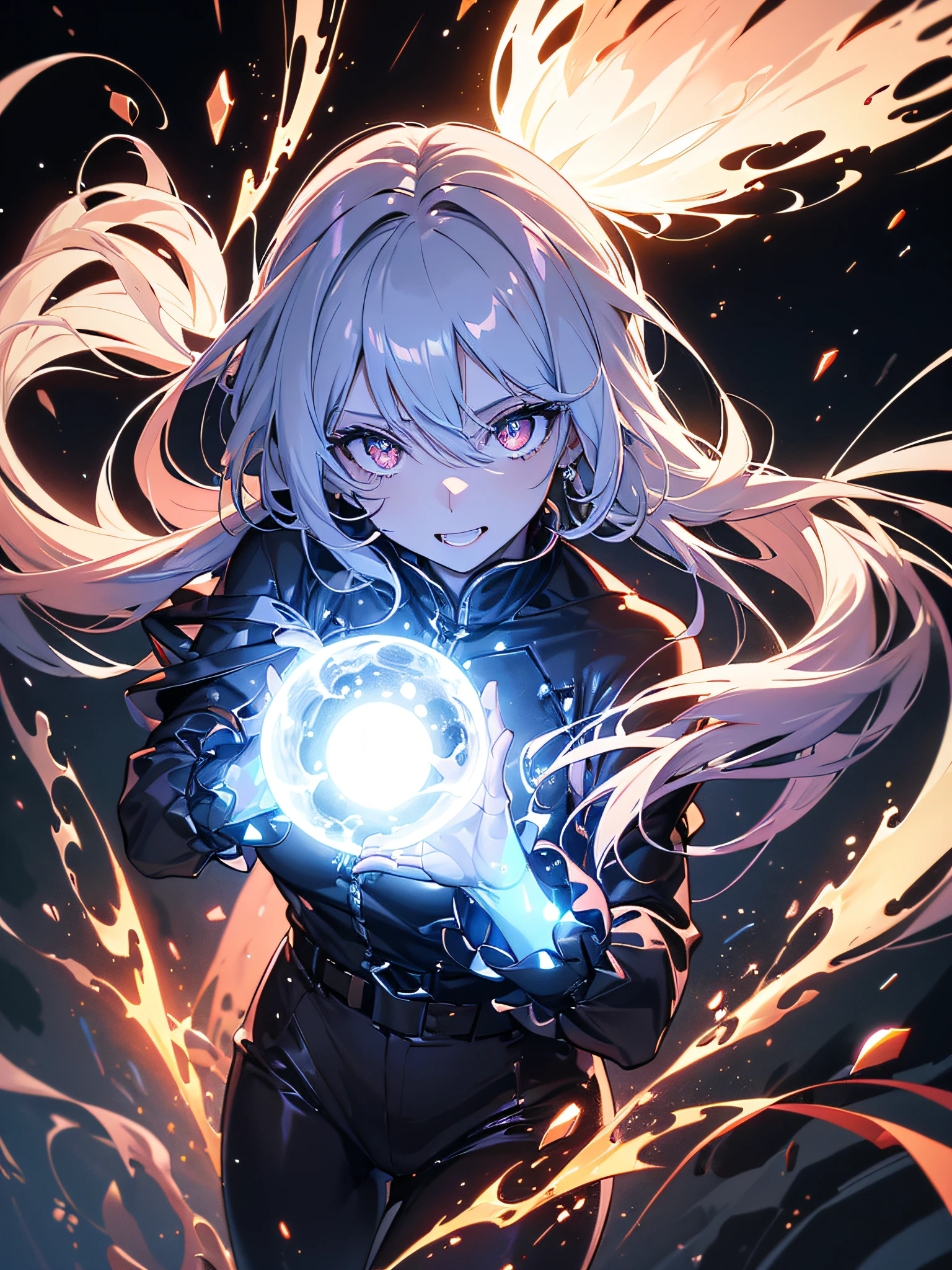 Glowing eyes in maximum darkness, devilish smile with fangs, full dark, dark, BREAK, female silhouette in the dark, barely visible, (ultra-realistic), {extremely detailed CG unit 8k wallpaper}, Expansive landscape photography, (a low and distant view that shows the character and focuses on the scene, expansive open field view), (low-angle shot), (high light: 0), (low light: 0.5)(warm light source: 0.5), details complex, (iridescent colors: 0.5), (bright lighting), (atimospheric lighting), darkest