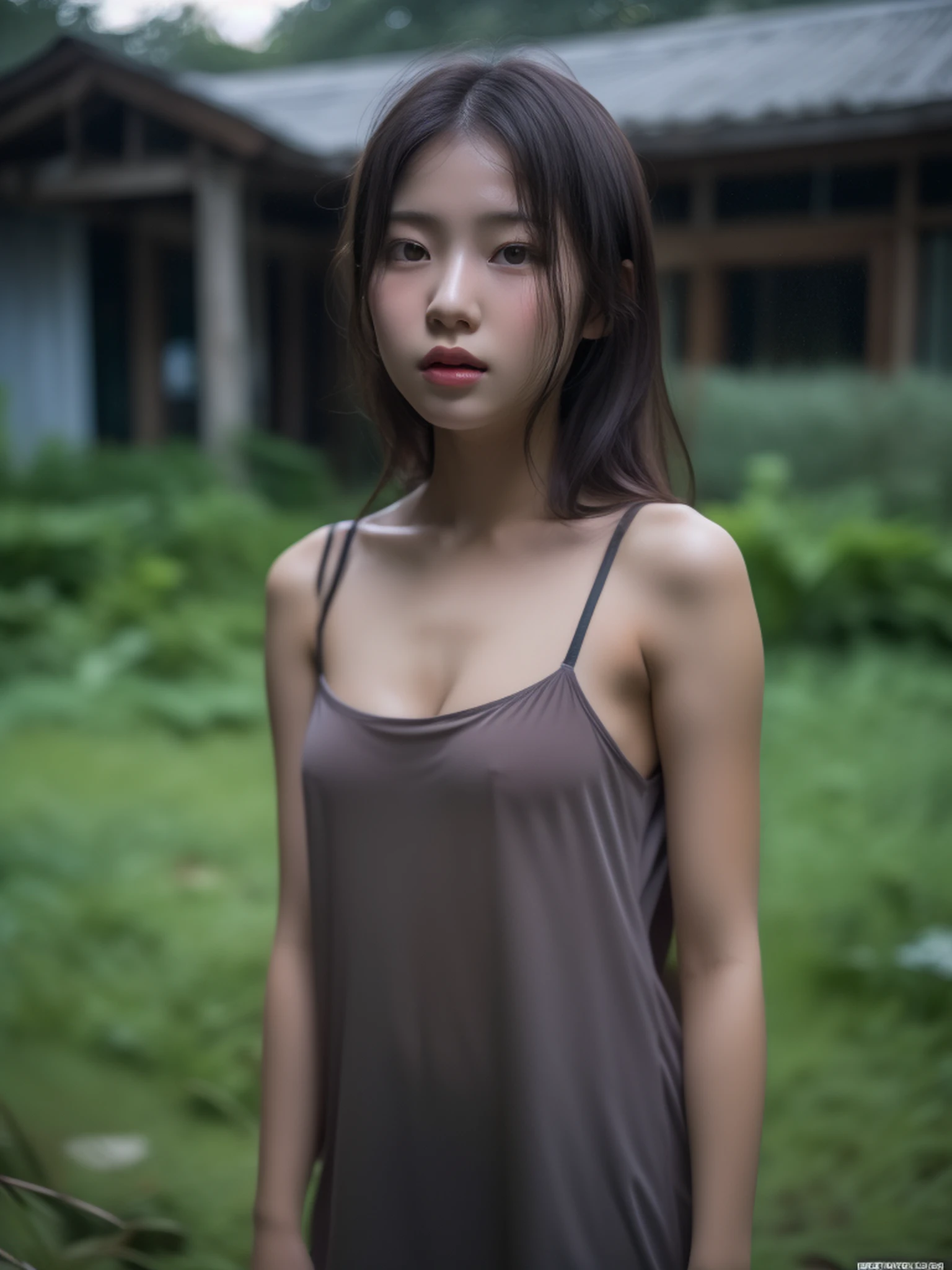 (1 Vietnamese girl), ************, sexy lustful body, well-proportioned, face very detailed, , standing  nakedbathing outside a big house in the forest, Full nudity body, eyes and body looking straight at the camera, 8K photo. nsfw:1.0