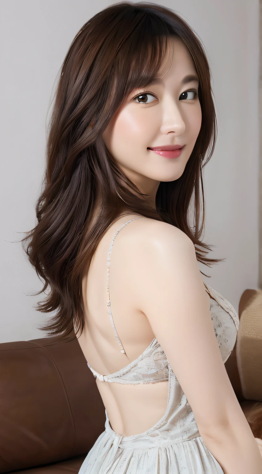 Best quality, illustration, Ultra-detailed, finedetail, A high resolution, 8K wallpaper, Perfect dynamic composition, Middle-aged young woman，ssmile， long whitr hair, Plump breasts,full stature，Natural color lips, Random and sexy pose,Back to the sofa，Home，Take photos from a distance