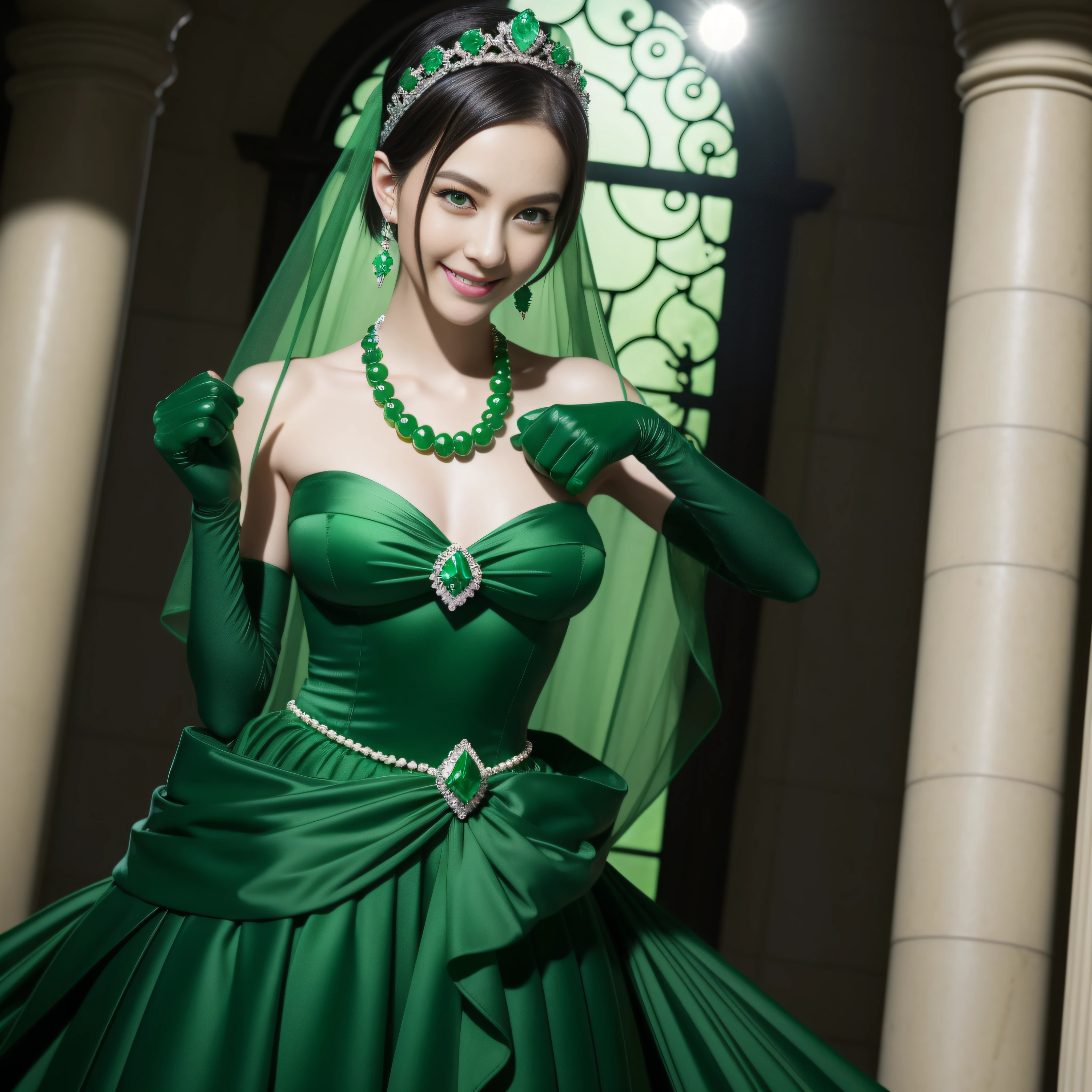 emerald tiara, Green Pearl Necklace, Boyish very short black hair, lipsticks, Japan woman smiling, very short short hair, big breasts beautiful, Green eyes, Long green gloves made of satin material, Green eyes, Emerald Earrings