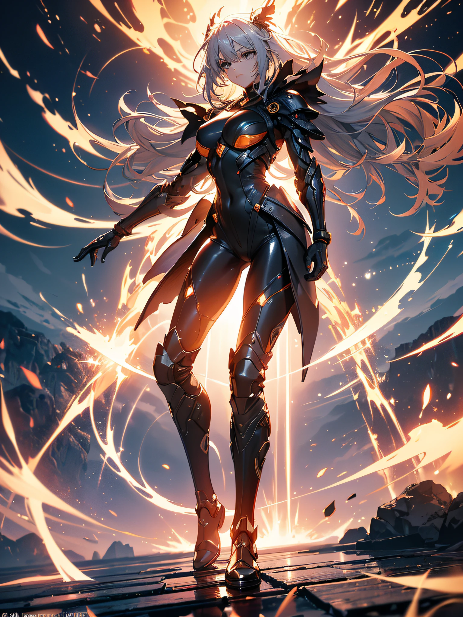 A girl in fighting stance, with aura around her, laser coming out of her eyes, moving hair, boom scene, full body, (ultra-realistic), {extremely detailed CG unit 8k wallpaper}, Expansive landscape photography, (a low, distant view that shows the character and focuses on the setting, expansive open field view), (low-angle shot), (light: 1.2), (warm light source: 1.5), complex details, (Iridescent colors : 1.2), (bright lighting), (atmospheric lighting), fantasy, magical, (solo: 2.0)