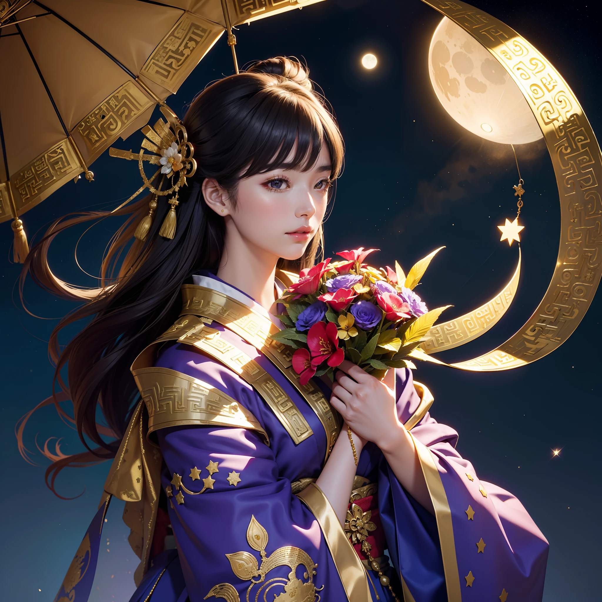 a moon、Detailed background((ancient city:1.5),Detailed starry sky background)、Elegant backgrounds,glossy dark hair,poneyTail,Bouquet in hand, BREAK,elaborate costume{Luxury kimono(Colorful kimono(Detailed golden embroidery,))}、face perfect,Japanese Idol(actress),Depict a beautiful and graceful woman of Japan。Heart in the eye。 Wallpaper 16K, .Blur the background with a sickle,((masutepiece)), ((Best Quality)),{{a portrait photo of}},full body Esbian