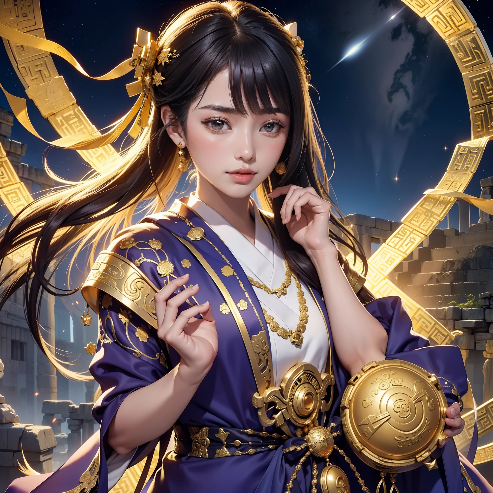 a moon、Detailed background((ancient city:1.5),Detailed starry sky background)、Elegant backgrounds,glossy dark hair,poneyTail,Bouquet in hand, BREAK,elaborate costume{Luxury kimono(Colorful kimono(Detailed golden embroidery,))}、face perfect,Japanese Idol(actress),Depict a beautiful and graceful woman of Japan。Heart in the eye。 Wallpaper 16K, .Blur the background with a sickle,((masutepiece)), ((Best Quality)),{{a portrait photo of}},full body Esbian