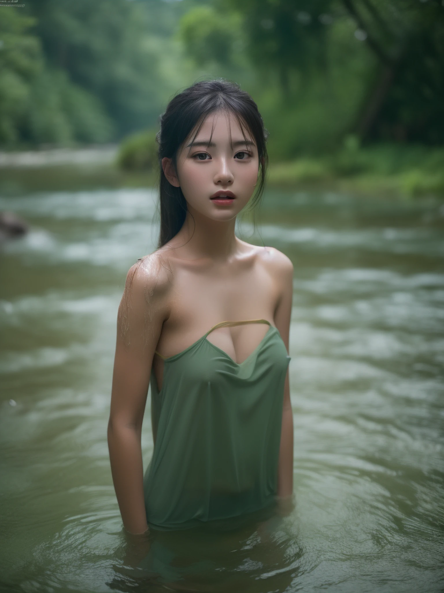 (1 Vietnamese girl), 13 years old, sexy lustful body, well-proportioned, face very detailed, , standing  nakedbathing in a big river in the forest, Full nudity body, eyes and body looking straight at the camera, 8K photo. nsfw:1.0