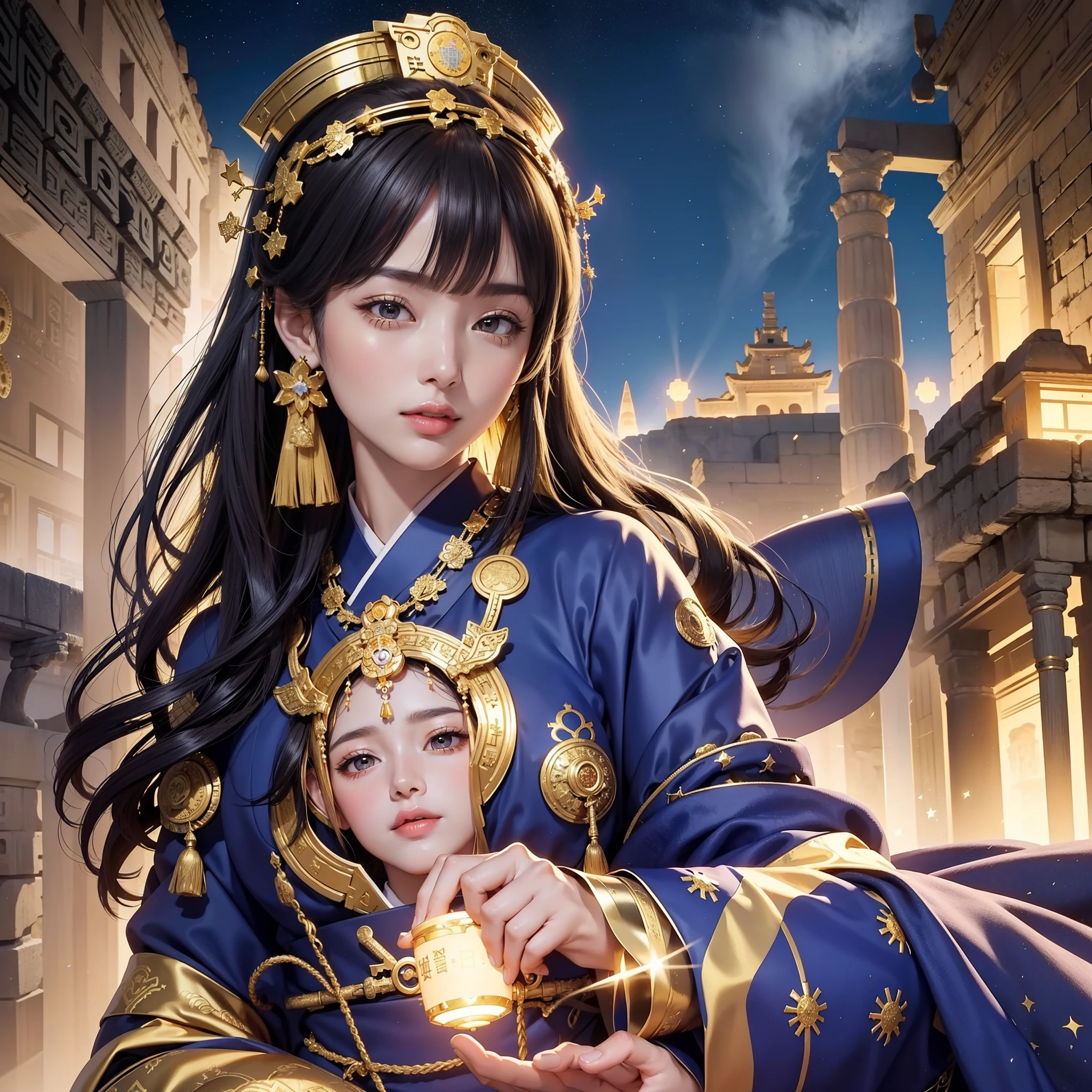 a moon、Detailed background((ancient city:1.5),Detailed starry sky background)、Elegant backgrounds,glossy dark hair,poneyTail,Bouquet in hand, BREAK,elaborate costume{Luxury kimono(Colorful kimono(Detailed golden embroidery,))}、face perfect,Japanese Idol(actress),Depict a beautiful and graceful woman of Japan。Heart in the eye。 Wallpaper 16K, .Blur the background with a sickle,((masutepiece)), ((Best Quality)),{{a portrait photo of}},full body Esbian
