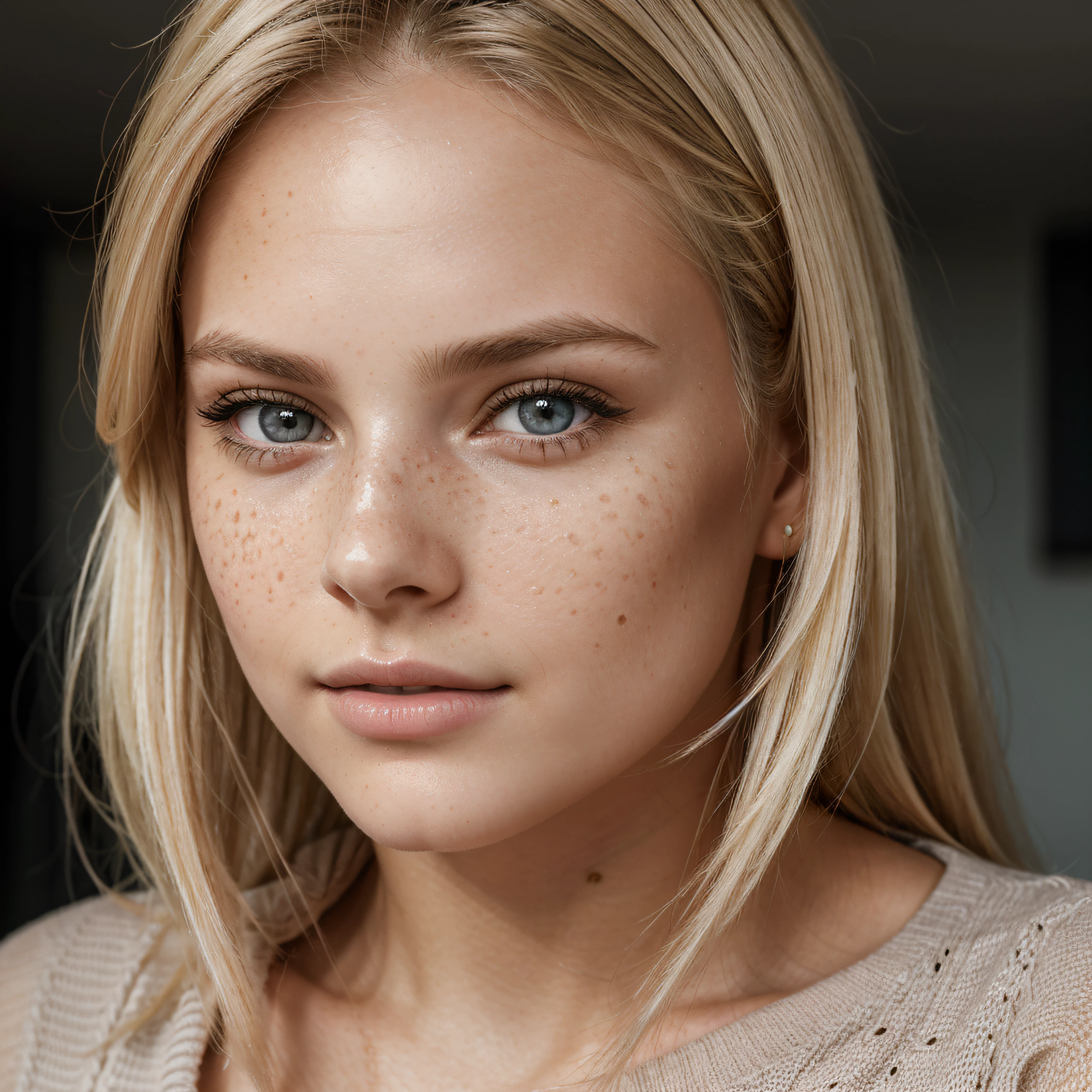 ultra face close up, face up,1Girl 18 years old, nur, Lange Haare, Blick auf den Betrachter, blonde hair, BLONDE, Blond girl, blaue Augen, Schmuck, Halskette, schulterfrei, pullover, lips, realistisch, Nase, Flirten mit der Kamera, close up shot, realism, detailed eyes, skin imperfection, small forhead, fine small freckles, natural, without reflection and shadow on the face, without glare, ultra high face texture, colours, realism, 8K, natural, big lips, full lips, hyper detailed photo, photorealistic, PHOTO, RAW, modeling, girl model, epic advertisment, cinematic shot, cinematic, pretty face, hot, sexy, NO WRINKLES, (BLONDE 1.0), White hair, blond hair.