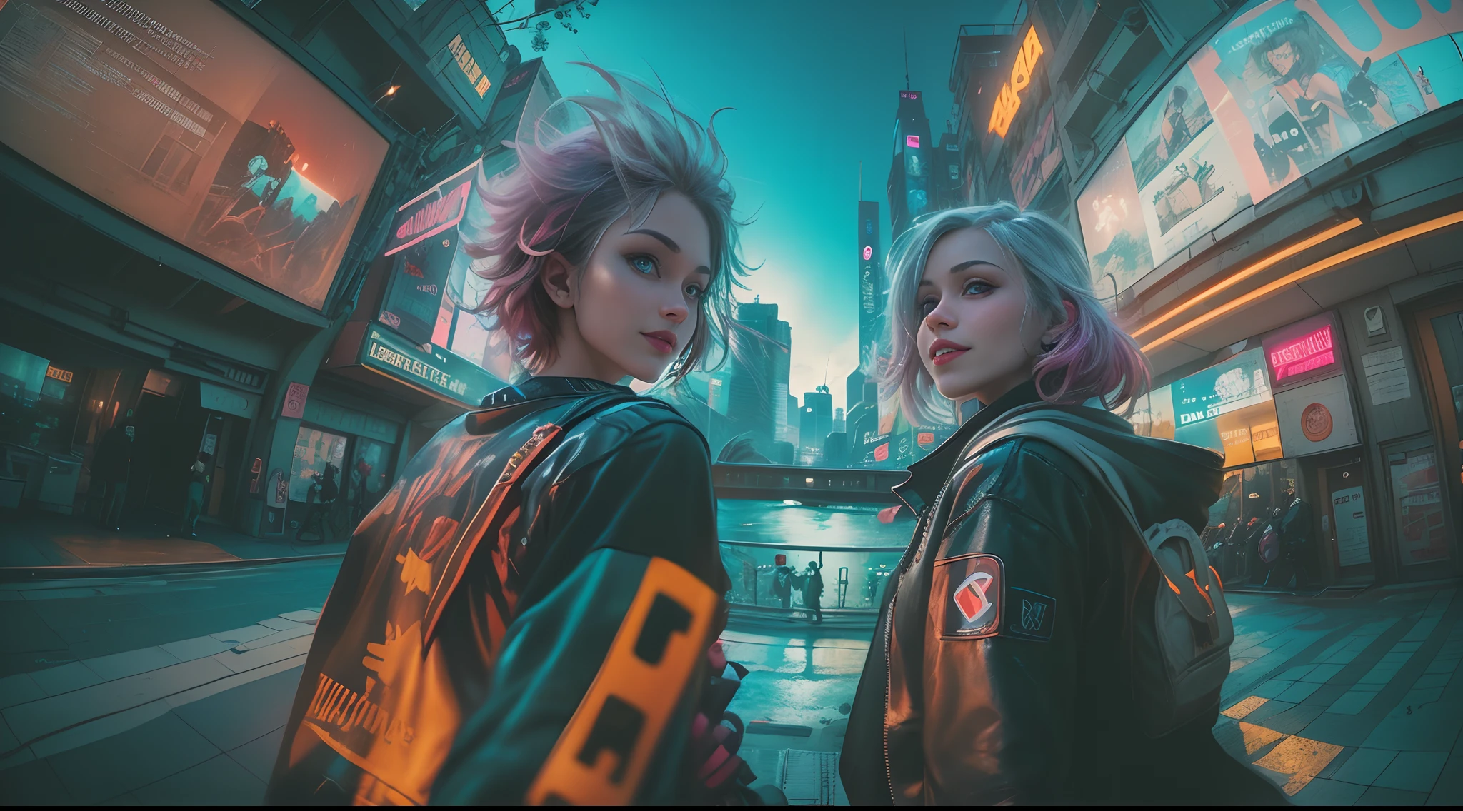 (2 cyberpunk girls wearing colorful Harajuku style pop outfit)), ((((fisheye lens)))), cowboy shot, wind, messy hair, ((cyberpunk 2077 cityscape)), (cyberpunk aesthetics and atmosphere:1.3), bright colors, smiling, ((cinematic lighting))