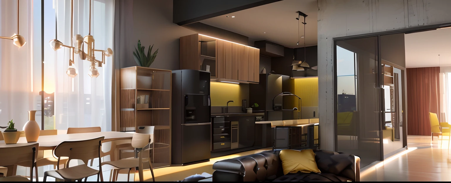 a rendering of a living room with a sofa and a table, industrial style, sunset, lustres, 2 d render, Detailed rendering, design de apartamentos, 3D-rendering, 3D rendering, materiais mistos, concept eclectic, projeto residencial, high detail 3 d render, conceito realista, 3D-rendering, 3D-rendering, enscape render, furniture concept photo!!, Conceito 3D, Conceito 3D