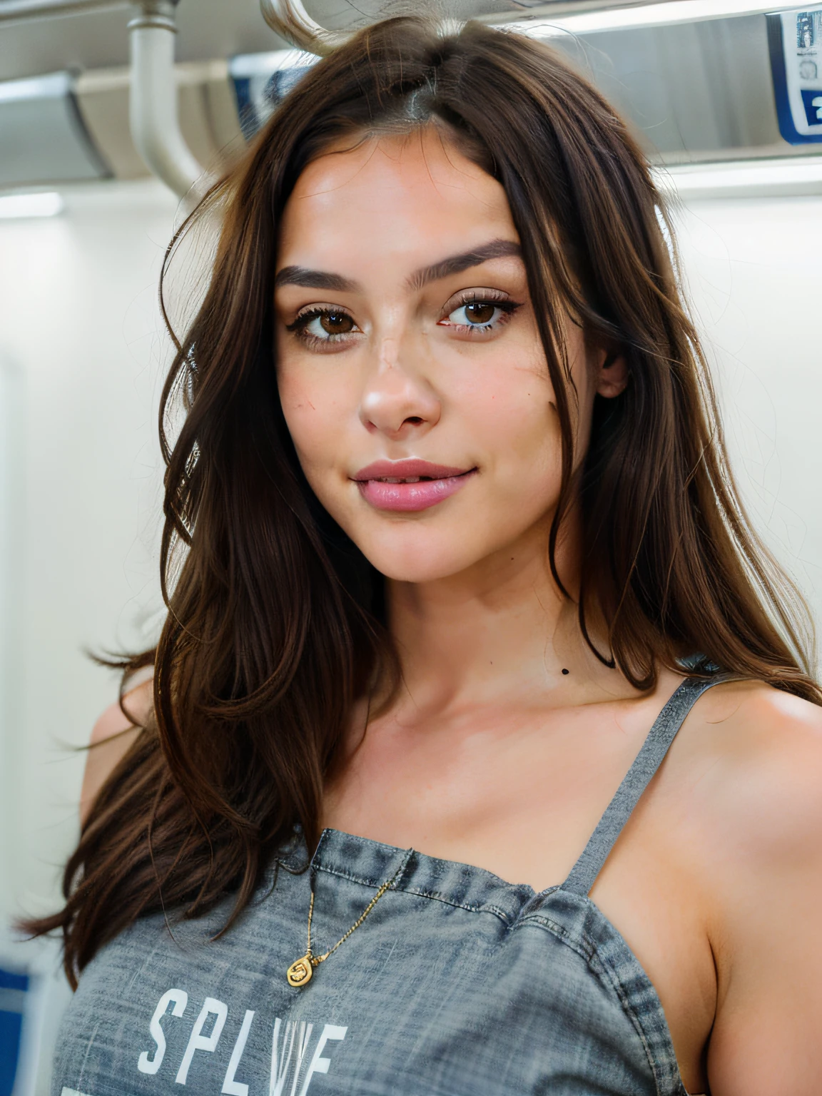 Cute beautiful brunette, Wear urban clothes,Full body, Perfect Angle, (on the subway, subway), Very detailed, 32years old, Frivolous face, messy long hair, Brown eyes, hight resolution, masutepiece, Best Quality,Intricate details, Highly detailed,Sharp Focus, Detailed skin,Realistic skin texture,Texture, Detailed eyes, Professional, 4K, Smile, shot in Canon, 85 mm,Shallow depth of field,Kodak Vision Color, eyeshadows, Extremely detailed, Photo_\(Ultras\), Photorealistic, Realistic, Post-processing, Max Detail, Roughness, Real life, A hyper-realistic, Photorealism, Photography, 8K UHD, Photography, masterpiece, top-quality, hightquality, hight resolution、((facial close-up))