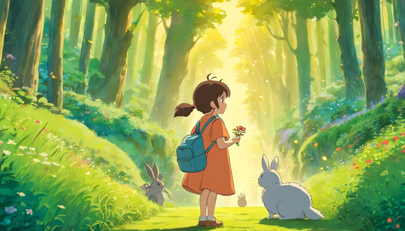 (((studio ghibli))) A lush, colorful forest bathed in the golden light of the setting sun. Birds are singing, and fireflies dance in the air. The camera pans down to reveal a , curious childd Lily, with a backpack and a wide-eyed expression.,Lily is seen picking up colorful flowers and putting them in her backpack. She encounters a talking rabbit named Ruffles, who is wearing a tiny monocle.