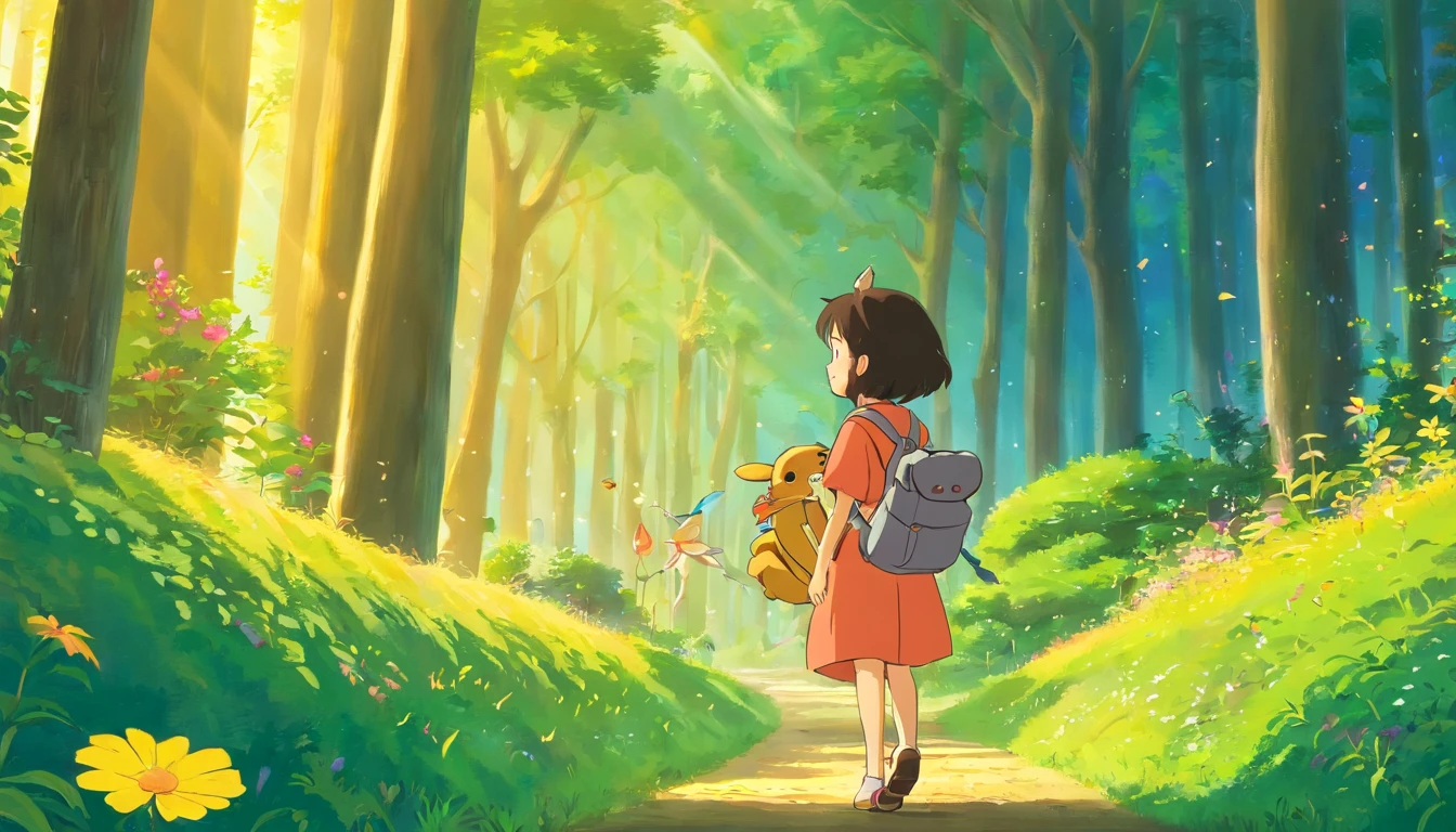 (((studio ghibli))) A lush, colorful forest bathed in the golden light of the setting sun. Birds are singing, and fireflies dance in the air. The camera pans down to reveal a , curious childd Lily, with a backpack and a wide-eyed expression.,Lily is seen picking up colorful flowers and putting them in her backpack. She encounters a talking rabbit named Ruffles, who is wearing a tiny monocle.