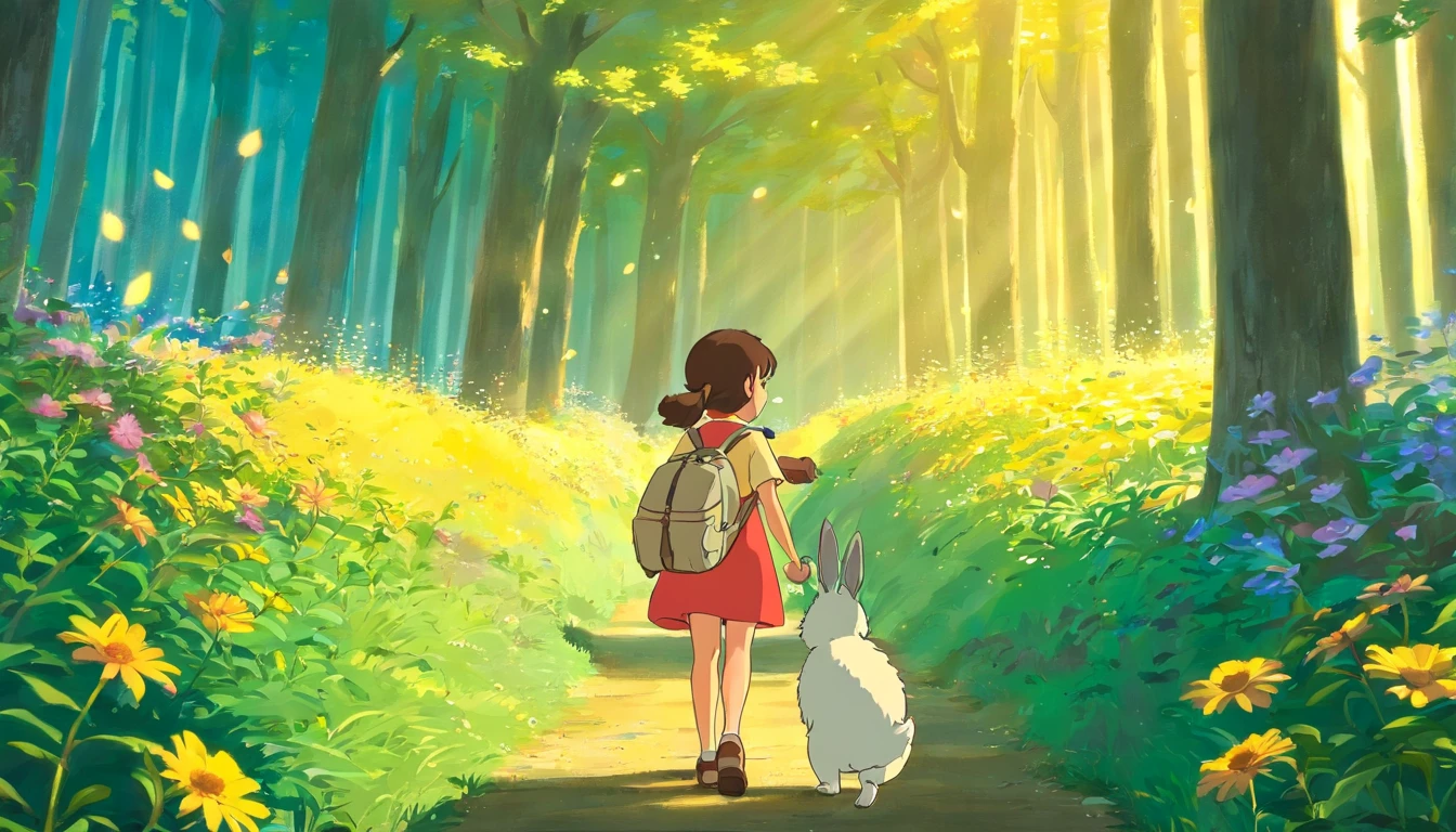 (((studio ghibli))) A lush, colorful forest bathed in the golden light of the setting sun. Birds are singing, and fireflies dance in the air. The camera pans down to reveal a , curious childd Lily, with a backpack and a wide-eyed expression.,Lily is seen picking up colorful flowers and putting them in her backpack. She encounters a talking rabbit named Ruffles, who is wearing a tiny monocle.