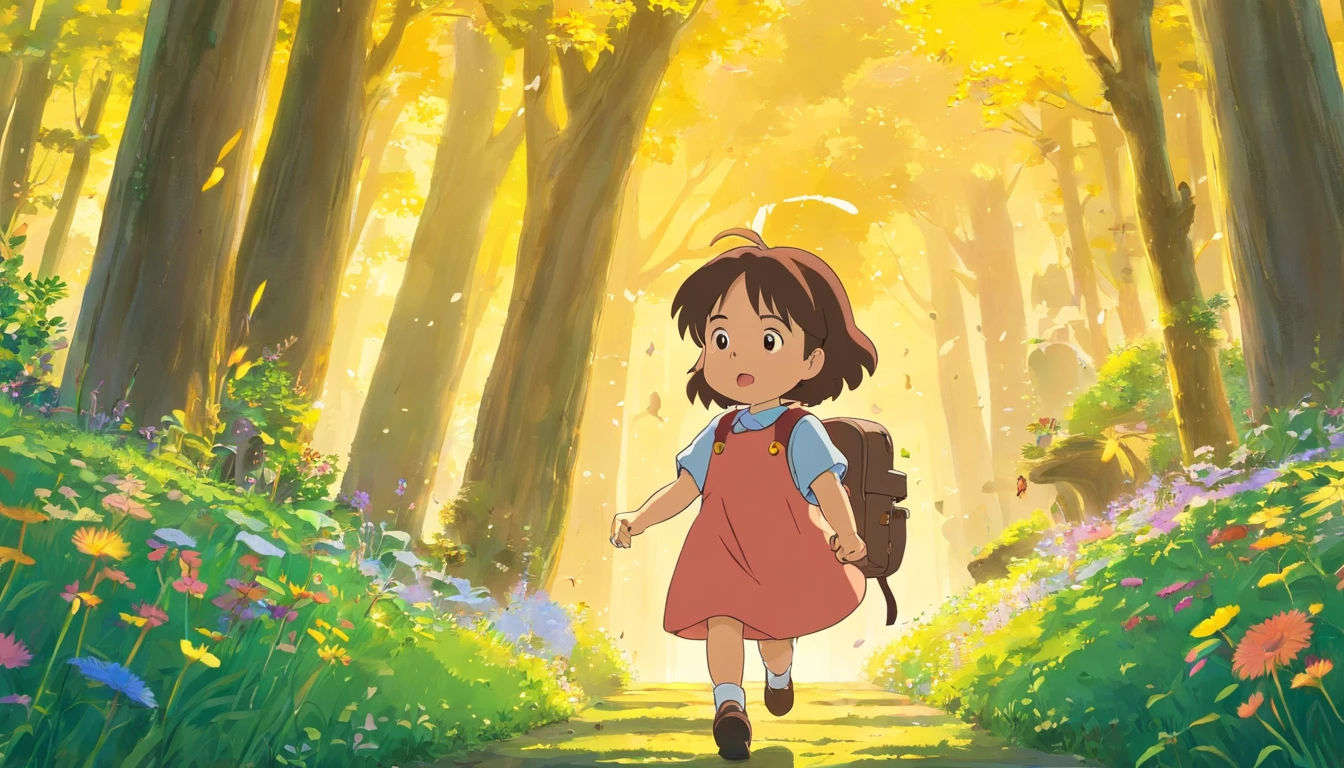 (((studio ghibli))) A lush, colorful forest bathed in the golden light of the setting sun. Birds are singing, and fireflies dance in the air. The camera pans down to reveal a small, curious child named Lily, with a backpack and a wide-eyed expression.,Lily is seen picking up colorful flowers and putting them in her backpack. She encounters a talking rabbit named Ruffles, who is wearing a tiny monocle.