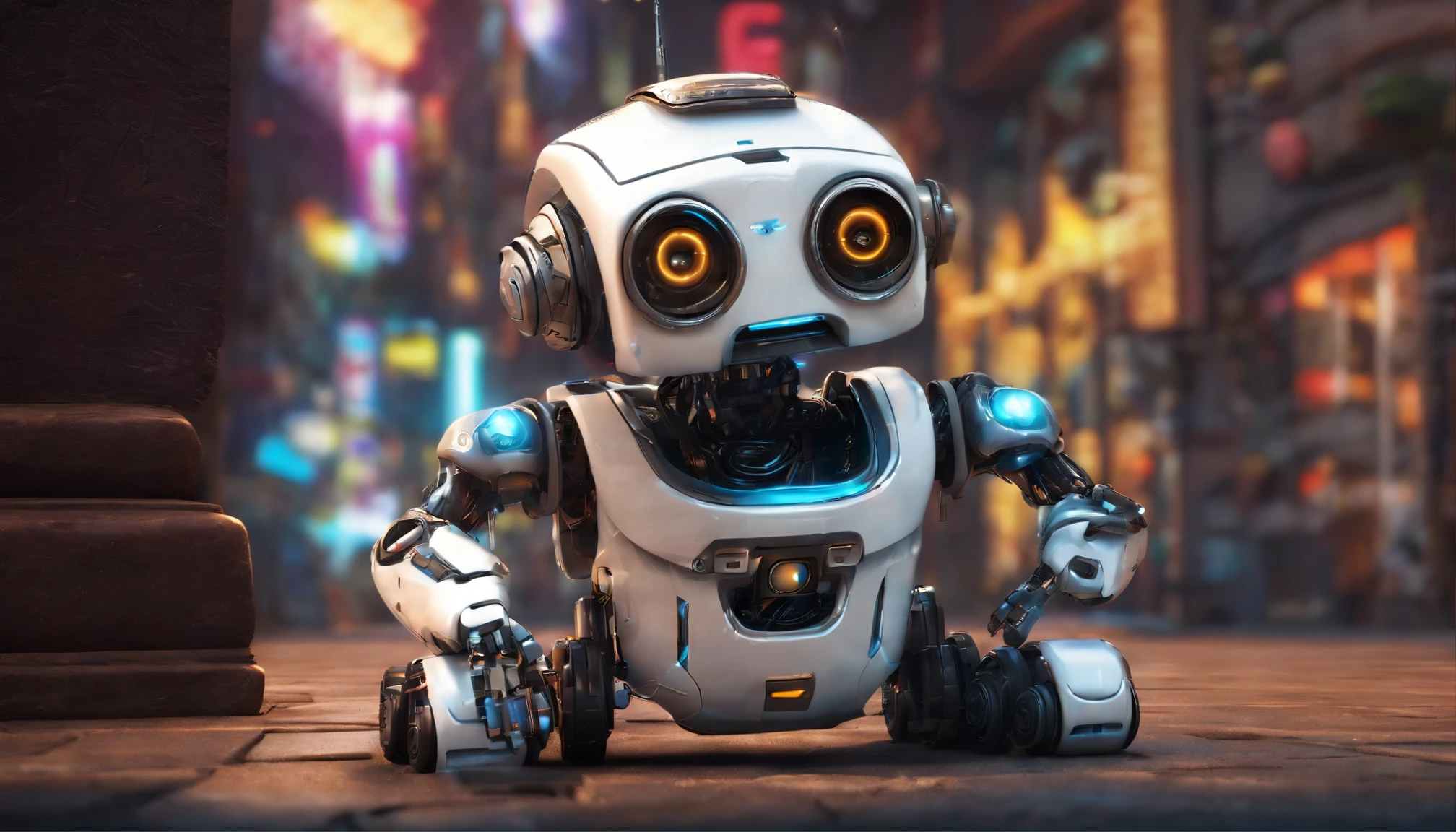 wide vision, ultra realista, altamente detalhado, pintura digital, arte conceitual, suave, foco nítido, tiro grande angular , Wall-E , babysitter, cute , with a cute baby , There is a cute robot standing in the future city play with a cute baby, which is a very cute robot, cute elaborate epic robot, beautiful robot character design,  ??? Robot, Portrait of a futuristic robot, robotic mixed with organic, Future Robot, humanoid character, concept robot, White Robot, robot concept art, Steampunk Robot ,wall-E, masterpiece,extreme detailed,top quality