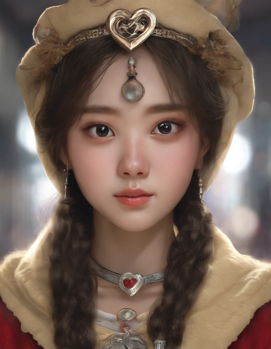 coreana, heart-shaped eyes, symbol-shaped pupils, sorriso, cabelos estriados, orelhas de gato, anchor choker, Surrealismo, imagem corporal completa, master part, pele texturizada