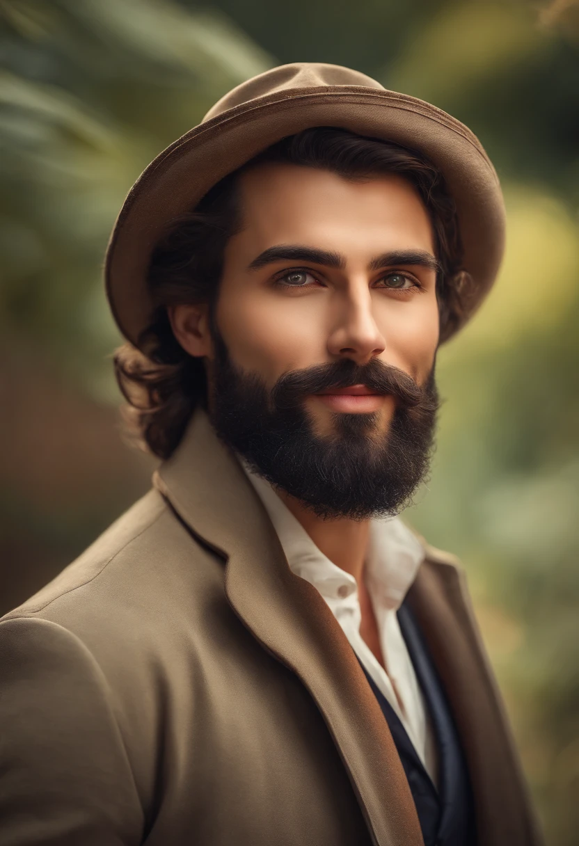 (handsome man, detailed eyes and face, well-groomed beard, charming smile, fashionable attire, confident posture), (oil painting, highres, vivid colors, professional lighting), (classic surroundings, elegant background), (artistic brushwork, fine details), (portrait, photorealistic style), (warm color tones, soft lighting)