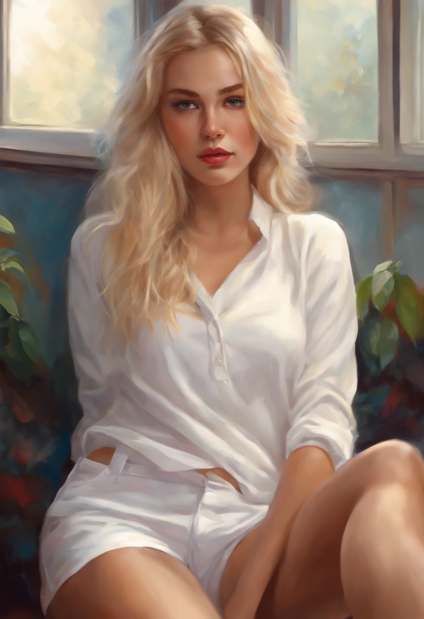 High school girl, blonde, in white top, no pants, masturbating