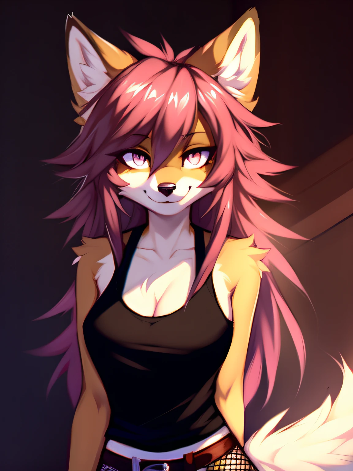 very skinny, tall, wolf, (brown fur), fluffy tail, big fluffy tail, fluffy fur, (green tanktop), fishnets, big breasts, 1girl, solo, female, hot_pink hair, long hair, emo hair, hair over left eye, white eyes, smile, cowboy shot, big ears, by zackary911, (coffeesoda:1.1), hioshiru, zackary911