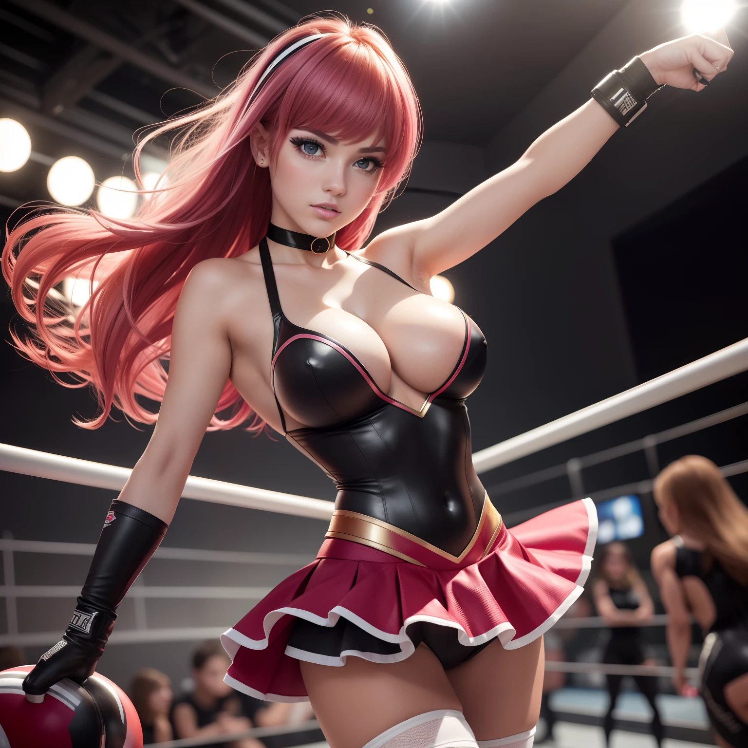 (Best Quality, in a 4k, in 8K, hight resolution, masuter piece:1.2), ultra-detailliert, Realistic:1.37, Super masterpiece, super girl, Gymnasium, bare-legged, Looking at the camera, large full breasts, Too short miniskirt, highleg, Wrestlers, Magazine covers, Glossy costume, a choker, Details of the hair drawn, Finish like a makeup artist, Skin texture, Girlishness in adolescence, Dynamic poses, Energetic look, Vivid and saturated colors, Studio Lighting, Clear focus, Bokeh effect on a focused background