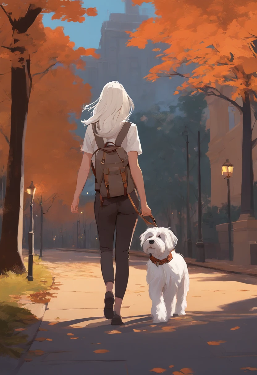anime girl walking down a park with a backpack and walking a schnauzer dog, cushart krenz key art feminine, inspired by Tomer Hanuka, style of charlie bowater, inspired by Asaf Hanuka, beautiful alluring anime woman, anya from spy x family, highly detailed exquisite fanart, fully clothed. painting of sexy, tifa lockhart with white hair