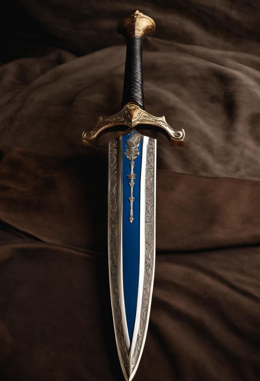 The sword glows blue, there is a shield behind the sword, engraved with 2 eagles and lions on the shield, long sword, metal sword handle, luxurious