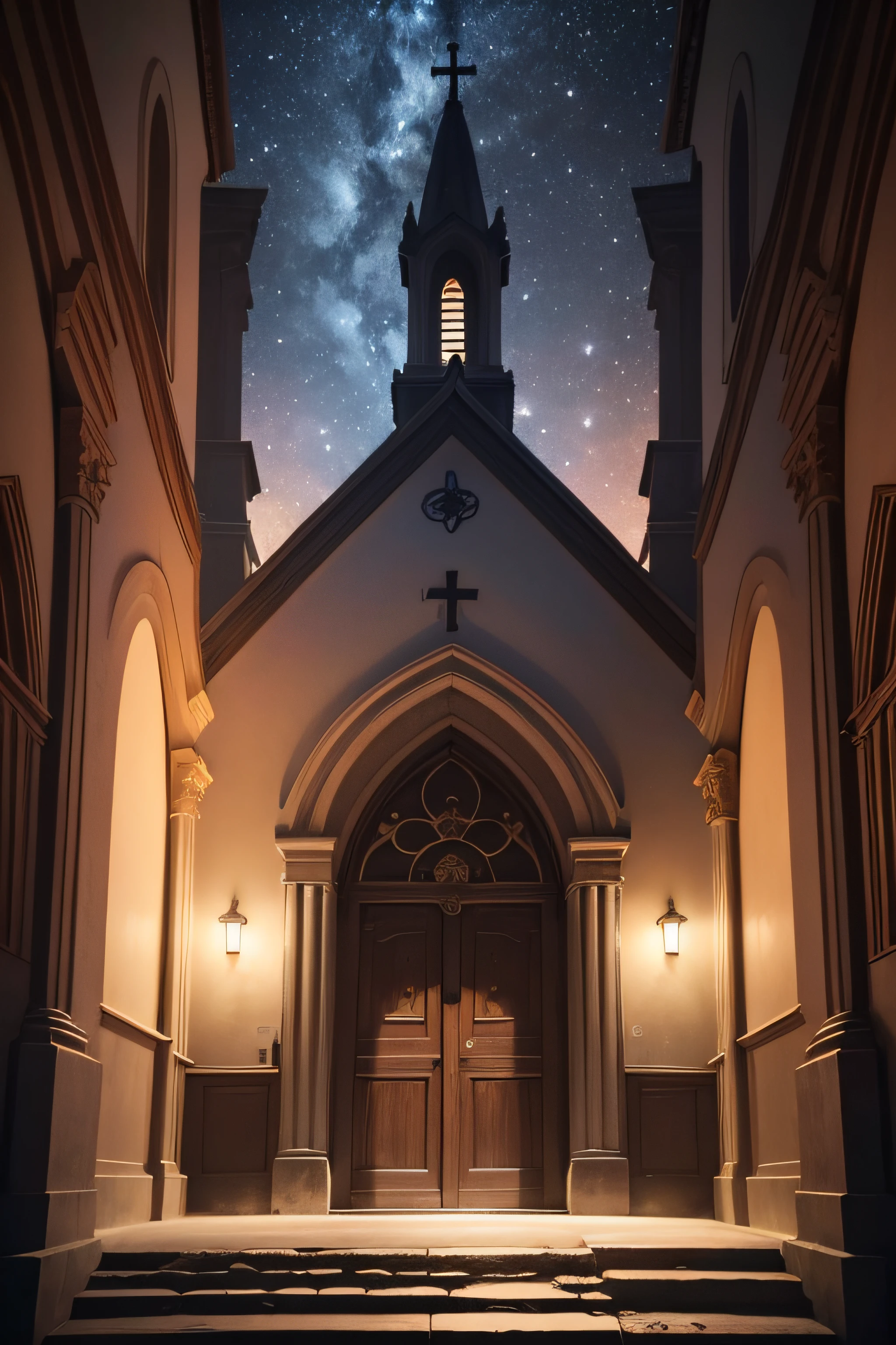 Igreja de Sardes retratada em Apocalipse, depois de cristo, medieval, in the nighttime, vista para o exterior, fachada, starly sky, altamente detalhado, liso, foco nítido, 8k, high-definition resolution, Perfect centralization, vista frontal, portas abertas, luzes.