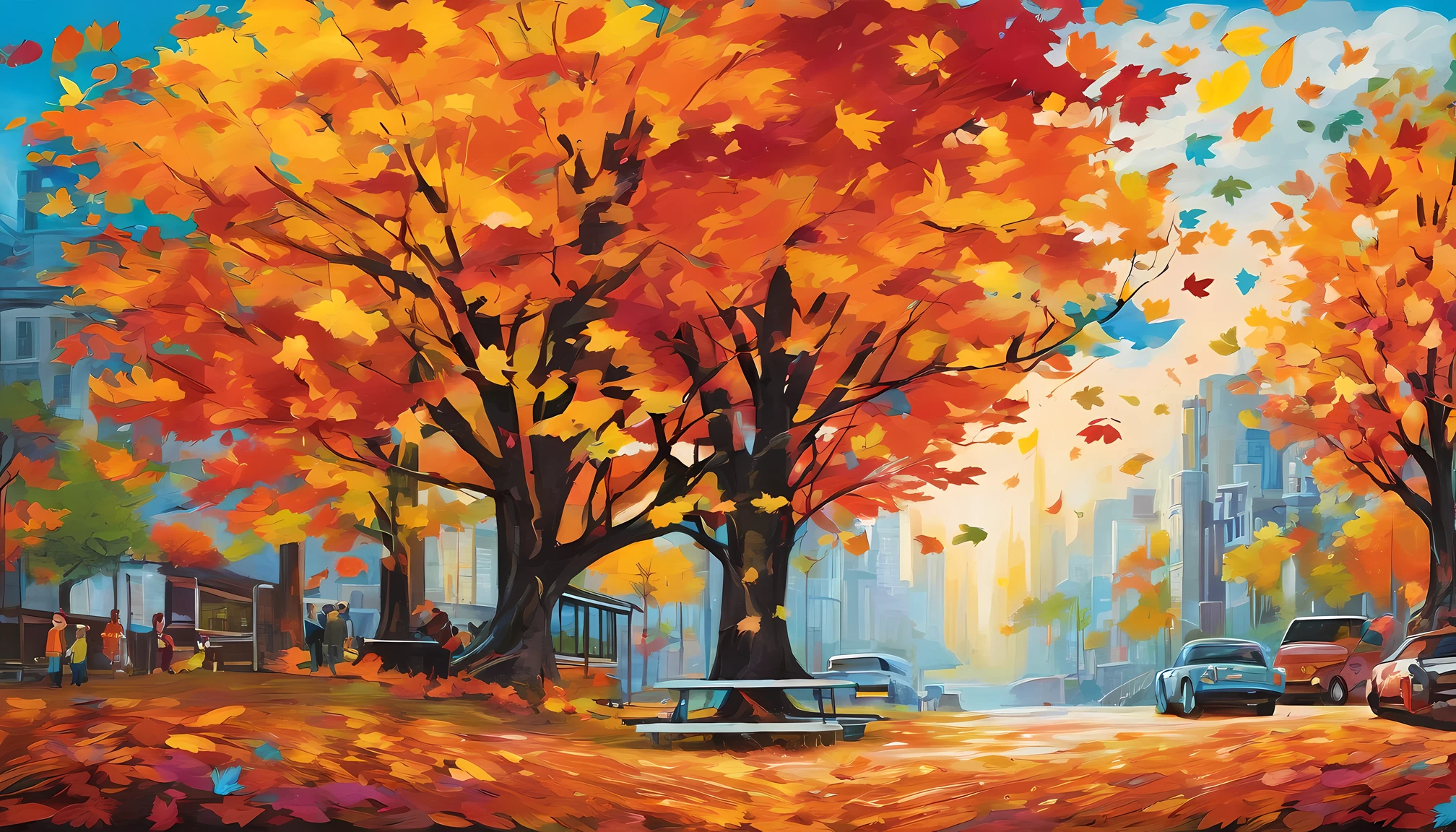 Canada、Colored leaves、Maples、A hill、Maple tree、leaves falling、1man and 1girl, 1adult stylish man and 1high school girl, Resting under a large maple tree、Autumn landscape、Autumn scene、blissful expression、