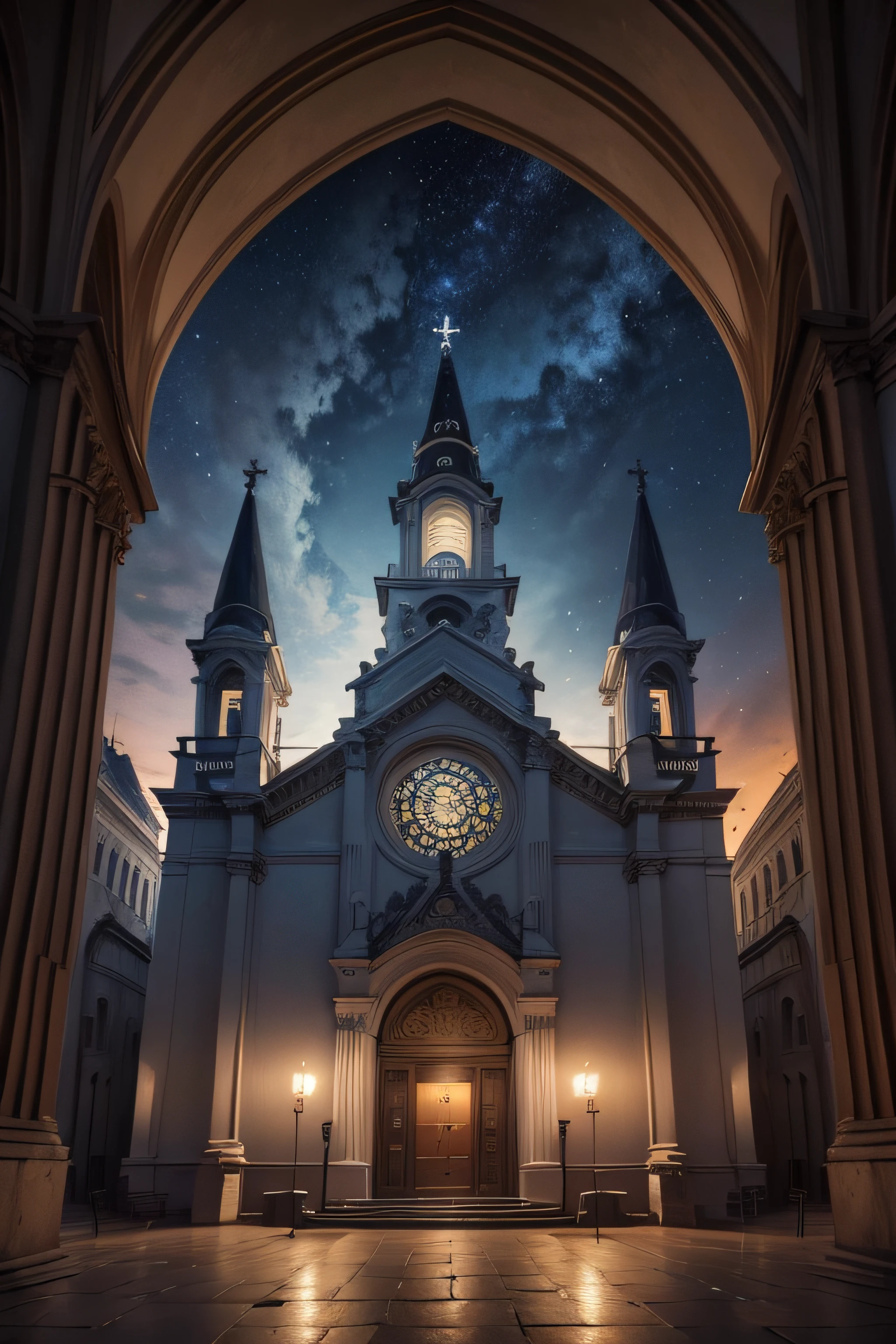 Philadelphia Church depicted in Revelation, depois de cristo, medieval, in the nighttime, vista para o exterior, fachada, starly sky, altamente detalhado, liso, foco nítido, 8k, high-definition resolution, Perfect centralization, vista frontal, portas abertas, luzes.