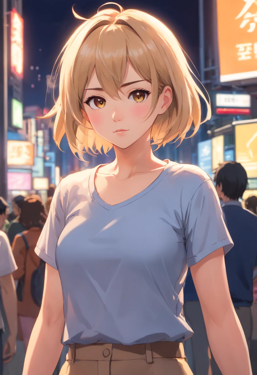 professional, (4k photo:1.1) by (Jeremy Lipking:0.3), (Dittmann Anna:0.3), (Arian Mark:0.3), (Sharp focus:1.3), high detail, wearing (tight shirt:1.2), beautiful detailed face, hazel eyes, short blonde hair, (attractive young woman:1.3), (seductive:1.1), (blushing:1.1), hourglass body shape, natural breasts, wide hips