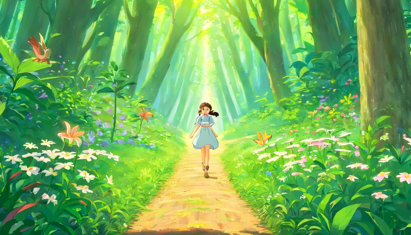 Lily and Ruffles venture deeper into the forest, encountering a mischievous but friendly sprite named Sparkle, who guides them through a hidden path.