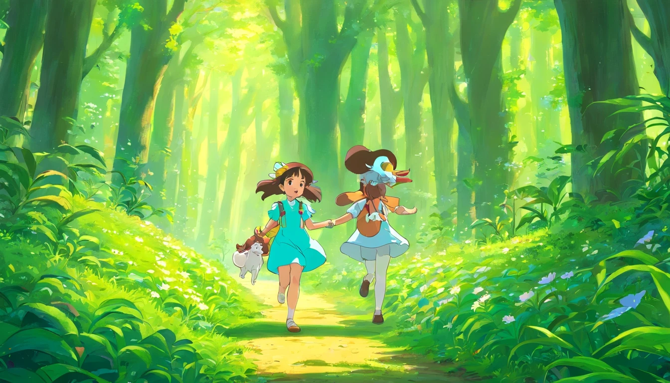 Lily and Ruffles venture deeper into the forest, encountering a mischievous but friendly sprite named Sparkle, who guides them through a hidden path.