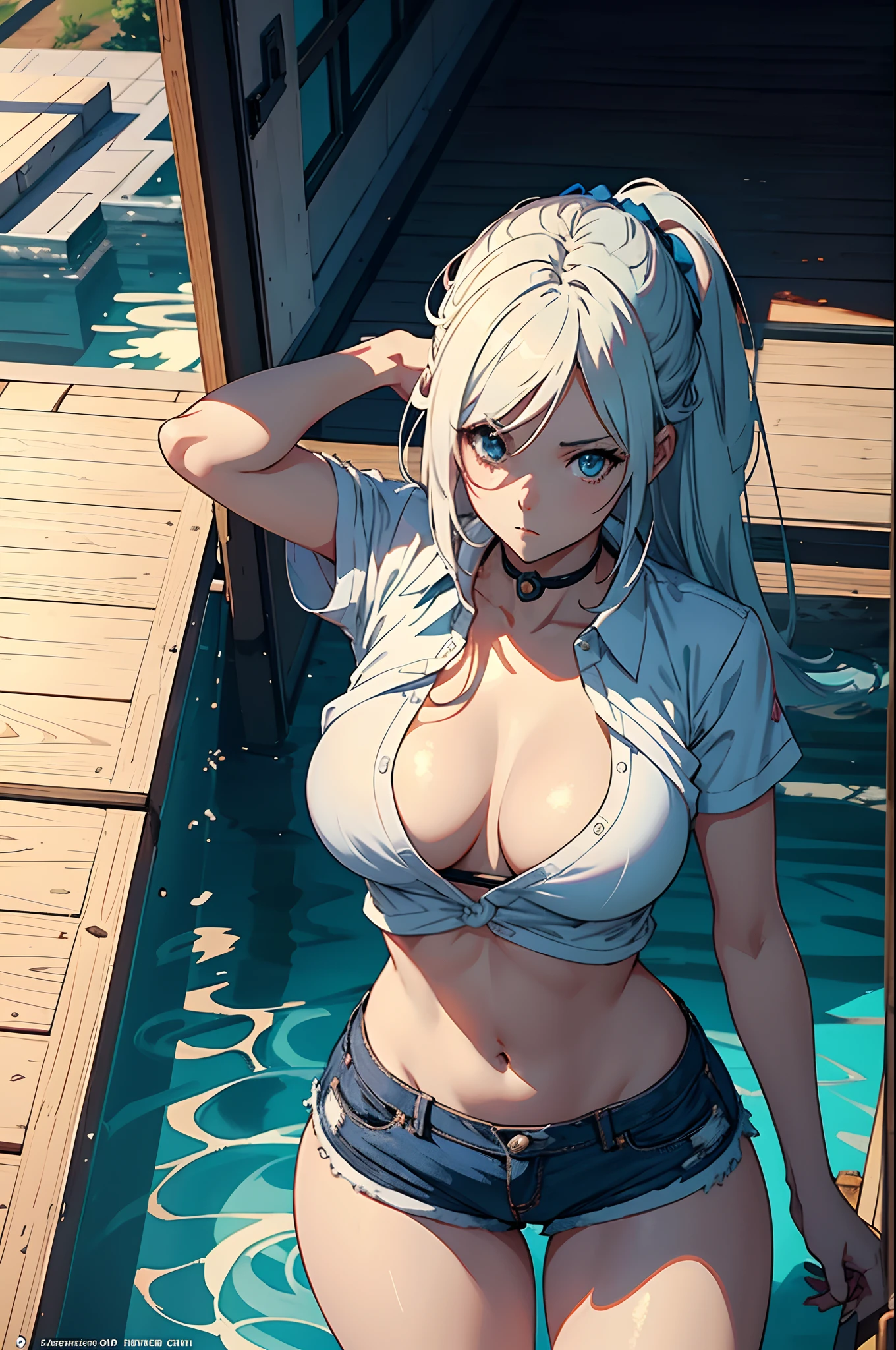 Anime - stylish woman in white top and blue shorts posing, floting hair, artwork in the style of guweiz, guweiz, by Russell Dongjun Lu, trending on cgstation, seductive anime girl, ig model | artgerm, guweiz on artstation pixiv, guweiz on pixiv artstation, Yang J, realistic anime 3 d style