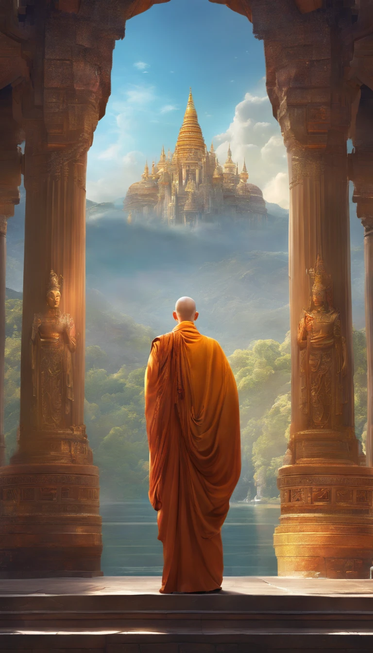 The Idian Elder, a monk, одет в жревеюю одежду a monkов, silit, it is clearly visible, all details well drawn 4K, the face is clearly visible. Futuristic Indian Temple Background, All Bright, the colors are rich and light 