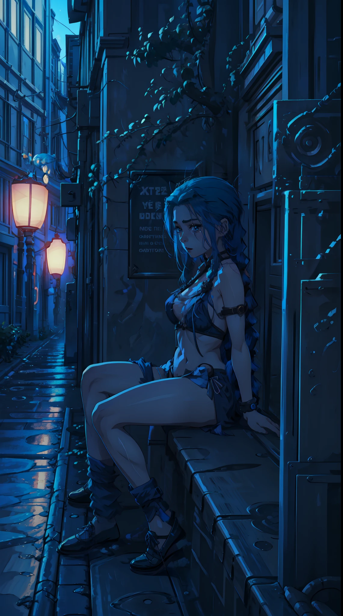 (ANIME ART STYLE),Jinx from arcane,long, blue hair with two long braids extending from the bottom,blue eyes, blushing, wearing lingerie, sitting on the night city street, wet street,vibrant colours, joyful expression, blushing, dynamic pose, blue cloud forms adorning her arm and chest.