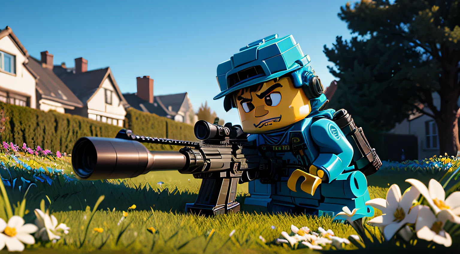 sad roblox lego man,holding sniper rifle,green grass,blue sky,3D rendering,realistic,high quality,vibrant colors,soft lighting,small flowers scattered,lonely atmosphere,emotionless expression.