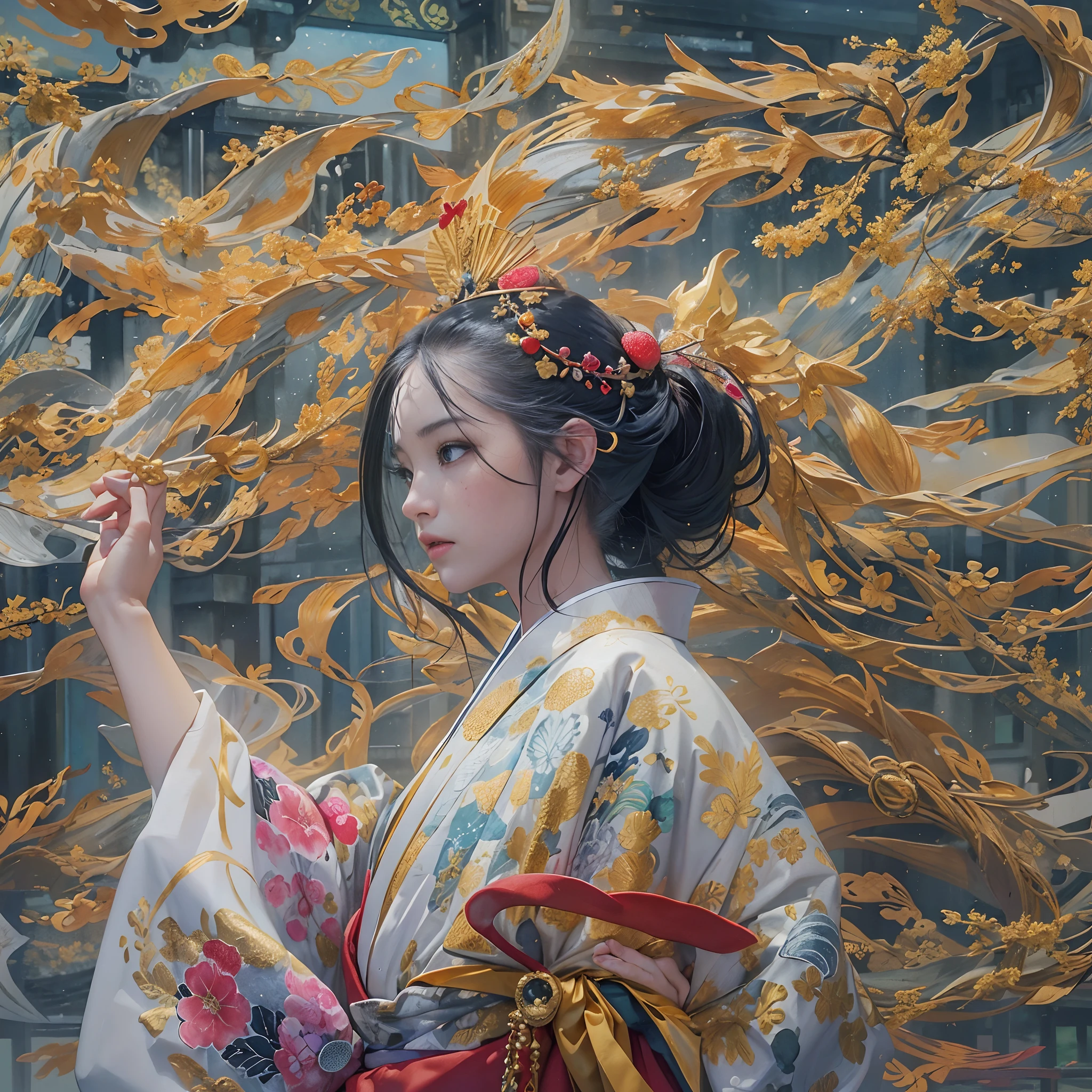watching at viewers、Background with((The ancient capital of Japan:1.2)And the moon、((dense background))、(Colorful:0.8),,(Solo:1.2), (Ink splashing),(splashes of colour),((watercolor paiting))),BREAK {{{Luxury kimono(Colorful kimono(Detailed golden embroidery,))}}}、face perfect,Depict a beautiful and graceful woman of Japan。poneyTail、Woman with shiny black hair、perfect hand、Heart in the eye。full body Esbian。 Wallpaper 8K, .Blur the background with a sickle,((masutepiece)), ((Best Quality)),epicd(Lige Fries Photography、sony a7、50 millimeters、pores:1.5、Farbe、ultra-detailliert:1.5、film grains:1.4、hyper realisitic:1.5)、octan render、 ultra realistic lifelike textures、masterpiece、unrealengine5、the Extremely Detailed CG Unity 8K Wallpapers、Madly detailed photo、Ultra-realistic light、(Pulitzer Prize for Best Photography、Taylor Wessing Award for Best Photography)