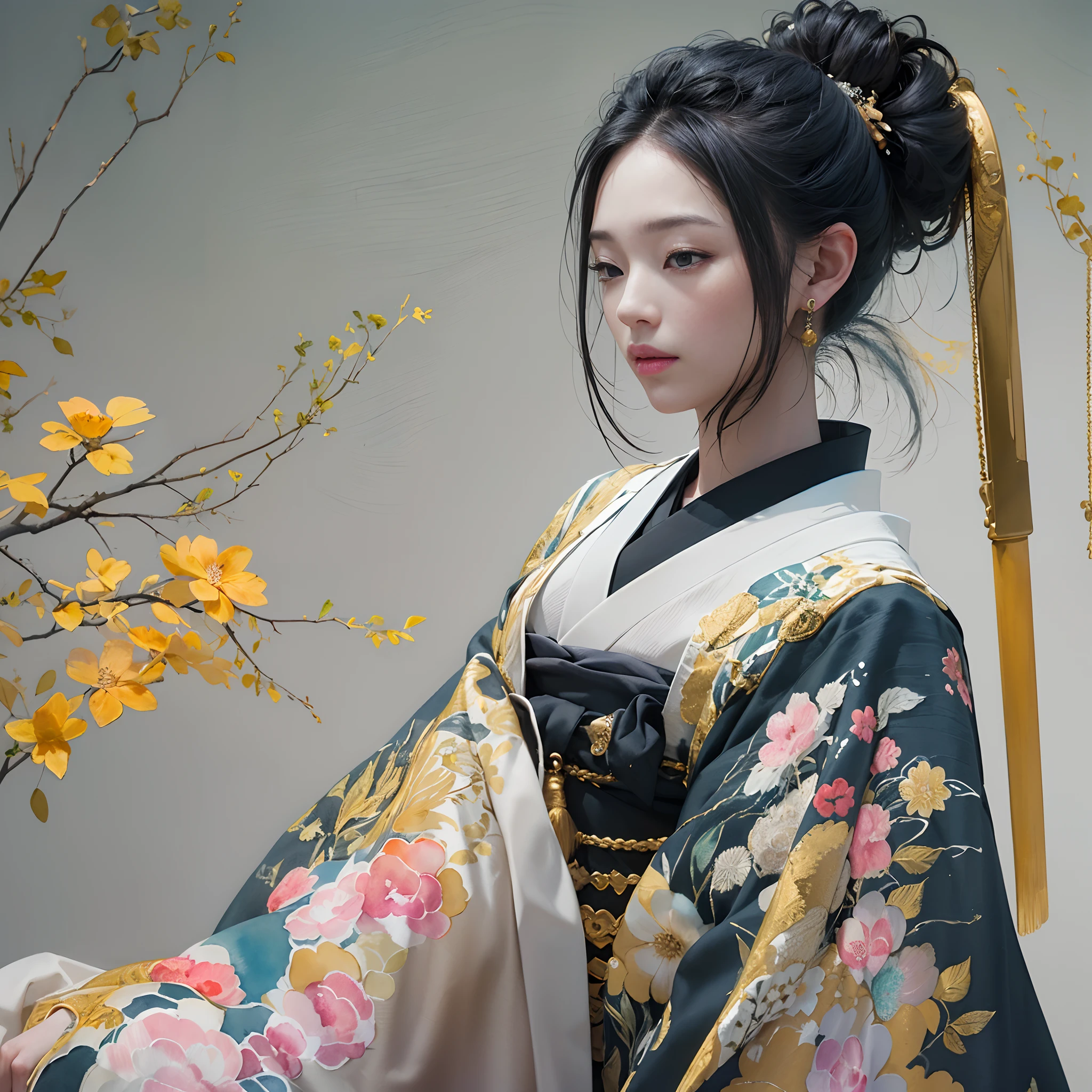 watching at viewers、Background with((The ancient capital of Japan:1.2)And the moon、((dense background))、(Colorful:0.8),,(Solo:1.2), (Ink splashing),(splashes of colour),((watercolor paiting))),BREAK {{{Luxury kimono(Colorful kimono(Detailed golden embroidery,))}}}、face perfect,Depict a beautiful and graceful woman of Japan。poneyTail、Woman with shiny black hair、perfect hand、Heart in the eye。full body Esbian。 Wallpaper 8K, .Blur the background with a sickle,((masutepiece)), ((Best Quality)),epicd(Lige Fries Photography、sony a7、50 millimeters、pores:1.5、Farbe、ultra-detailliert:1.5、film grains:1.4、hyper realisitic:1.5)、octan render、 ultra realistic lifelike textures、masterpiece、unrealengine5、the Extremely Detailed CG Unity 8K Wallpapers、Madly detailed photo、Ultra-realistic light、(Pulitzer Prize for Best Photography、Taylor Wessing Award for Best Photography)